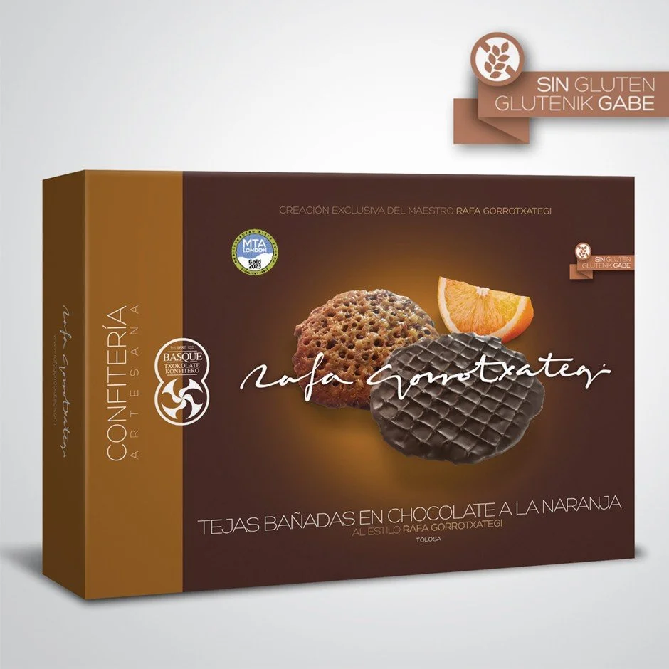 ALMOND TILES, DIPPED IN DARK ORANGE CHOCOLATE