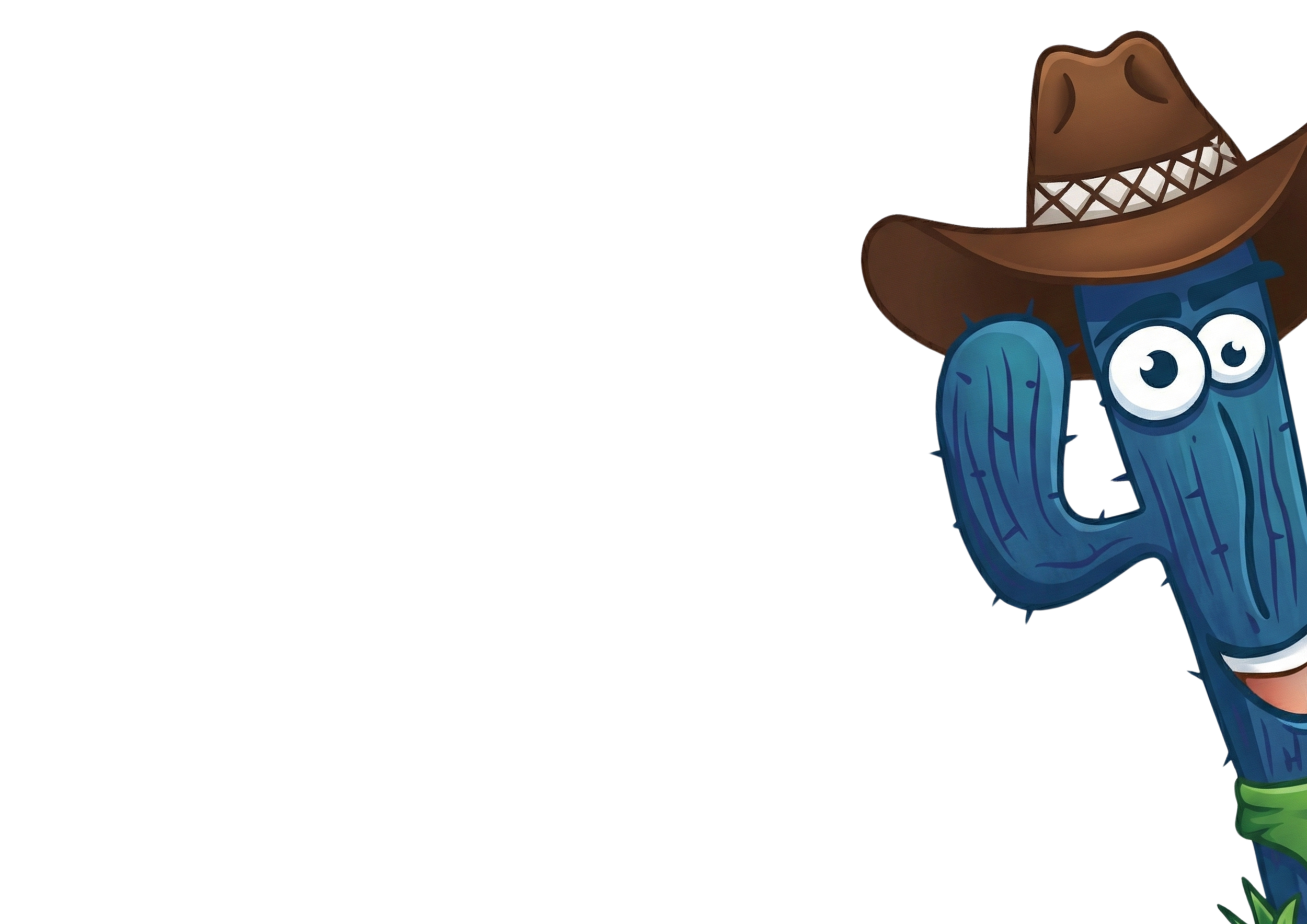 Ilustración de una planta antropomórfica con rostro y ojos, usando un sombrero de vaquero, ojos grandes y expresión divertida.