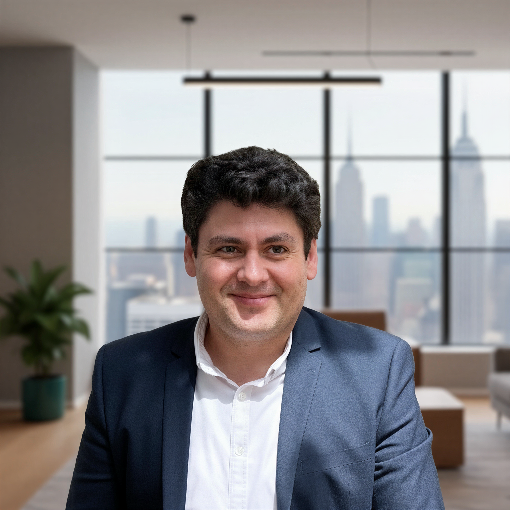 Portrait d'un homme souriant en costume dans un bureau moderne avec vue sur la ville à travers de grandes fenêtres.