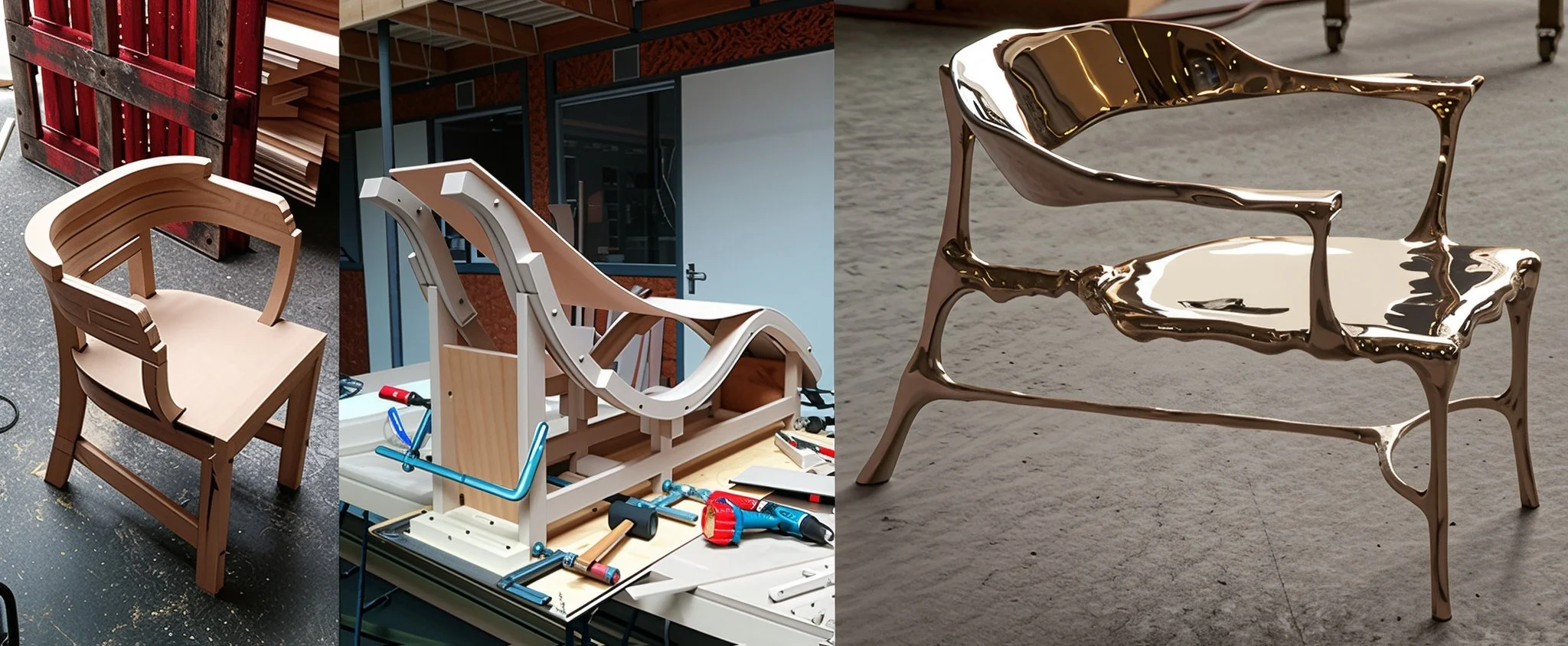 Photo of three modern chairs, with two in development stages and one finished. The left chair is a brown wooden chair, and the middle chair is a white and unassembled frame. The right chair is a shiny, metallic, sculptural chair with an abstract design.