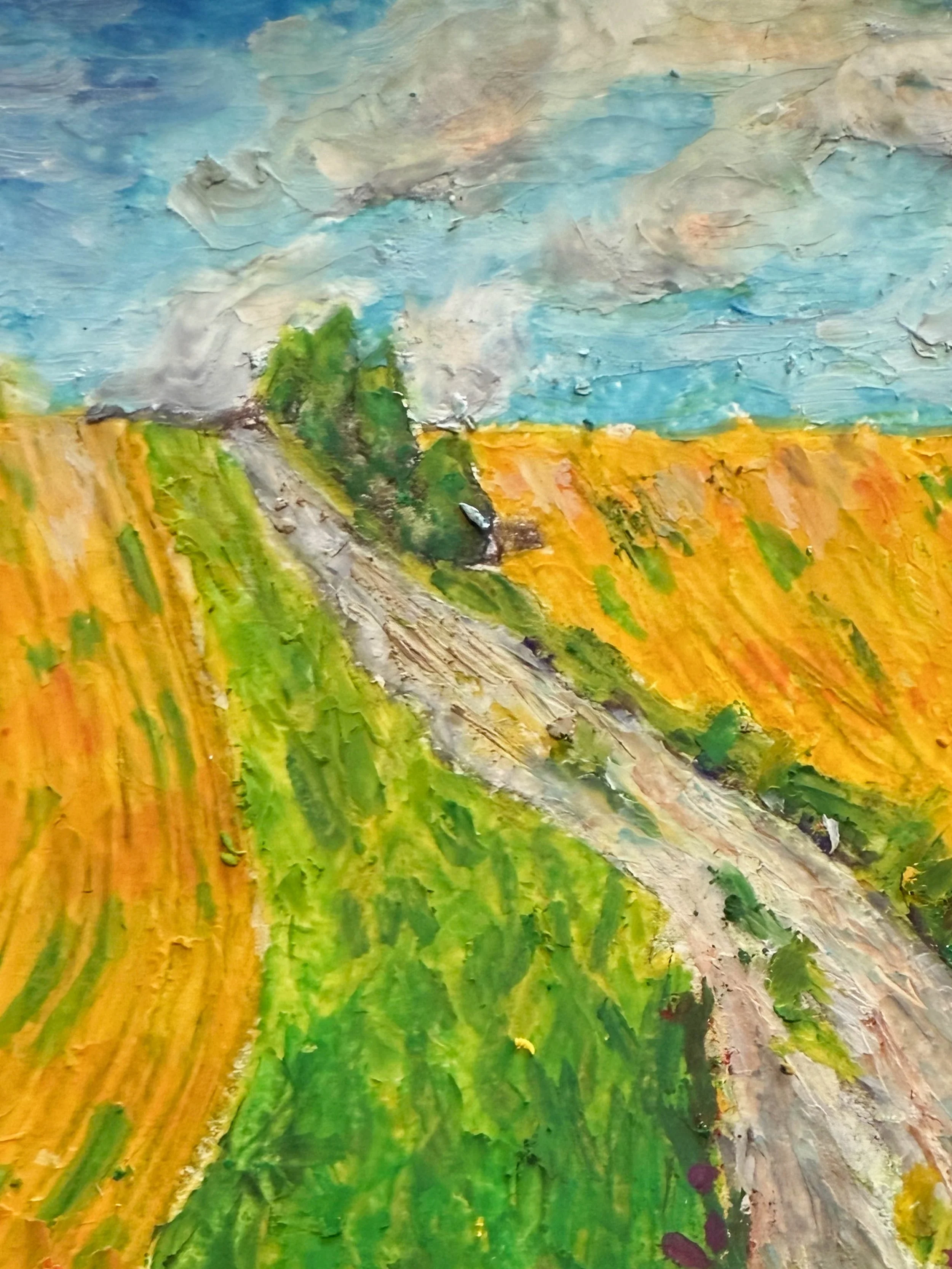 An abstract landscape painting with green fields, yellow crop rows, a dirt road, and a bright blue sky with fluffy clouds.