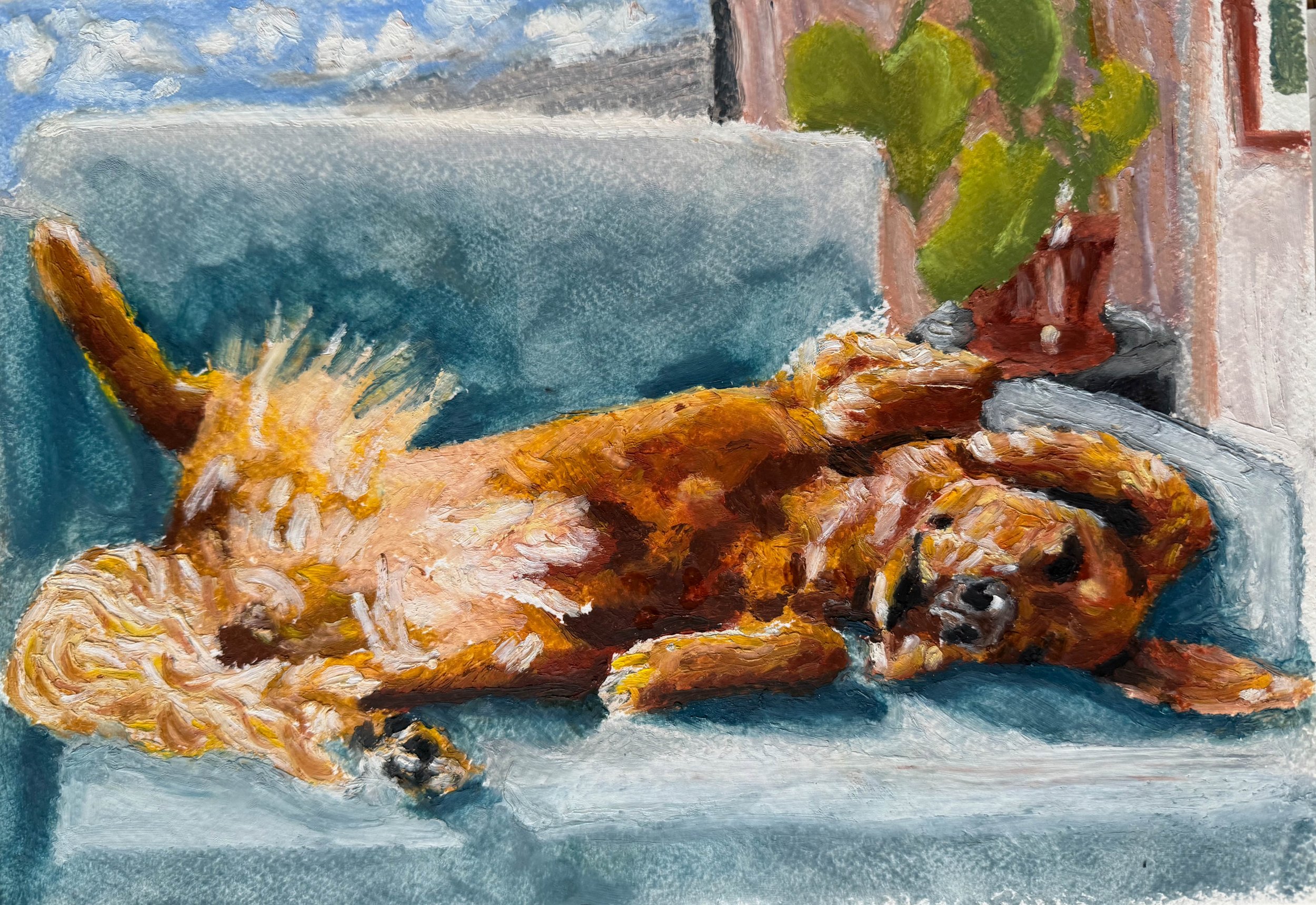 An impressionistic painting of a dog lying on a blue surface with a water fountain and greenery in the background.