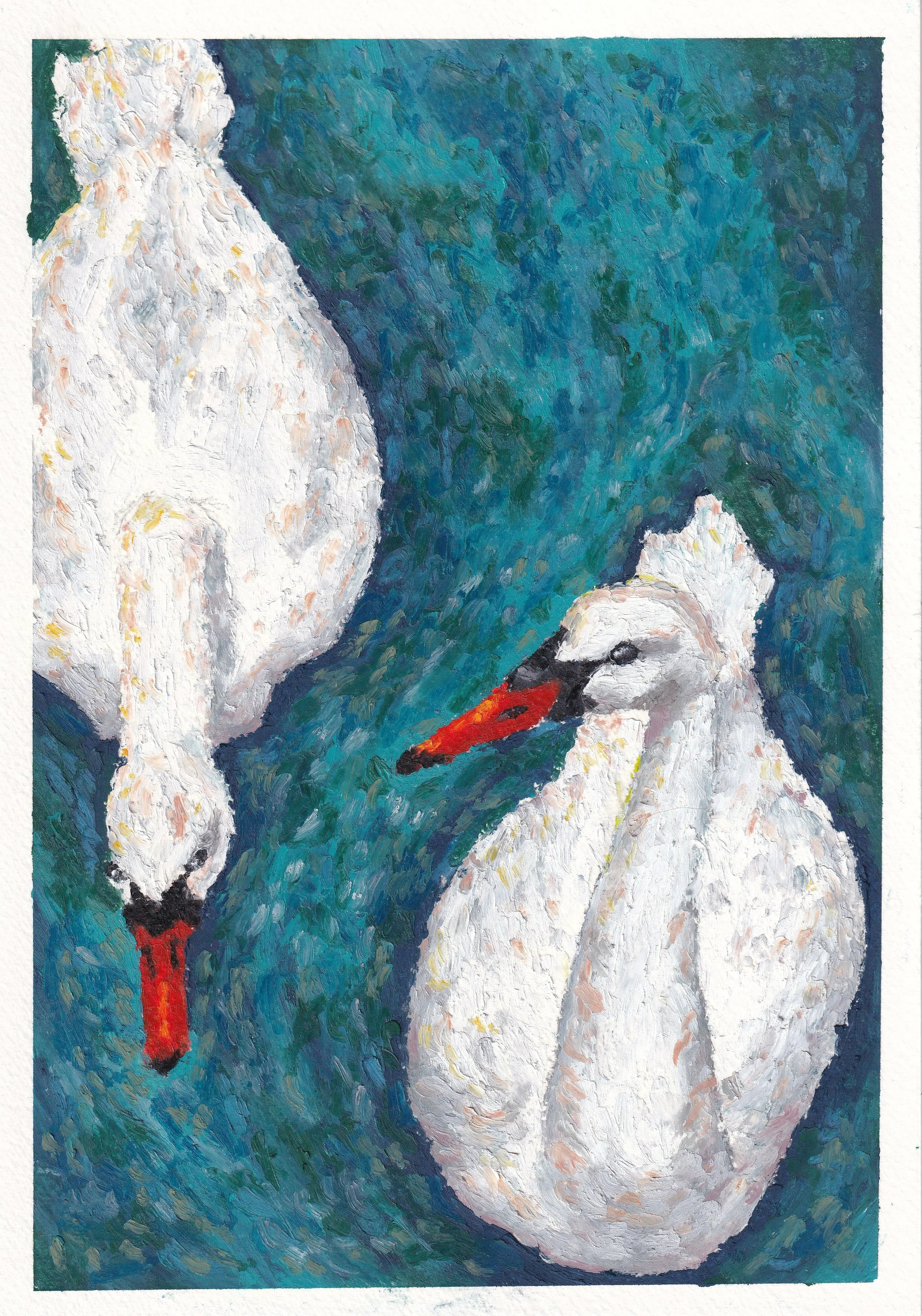 Painting of two white swans with black beaks, one with a red detail, on a blue-green background.