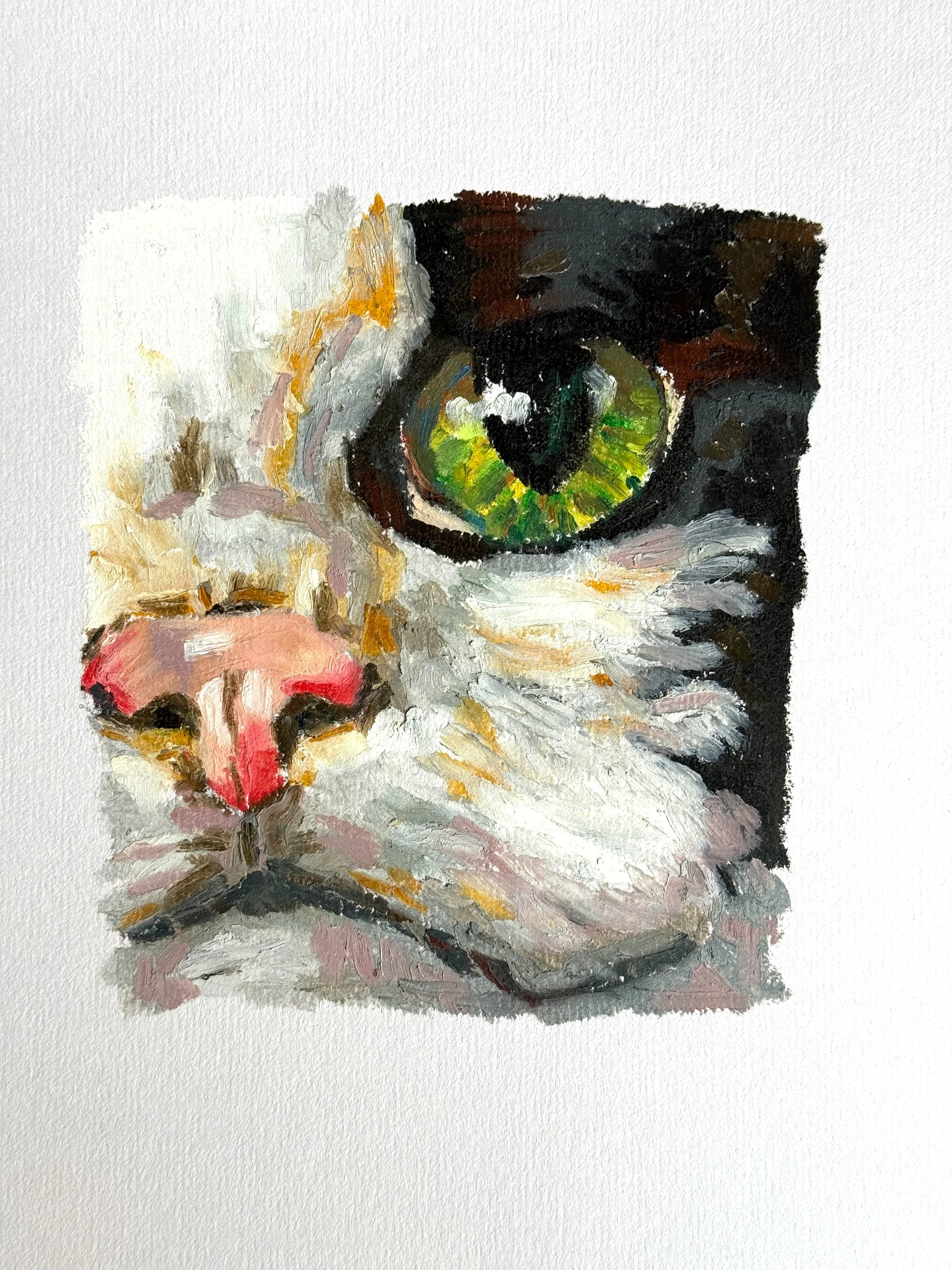 An abstract painting of a cat's face, focusing on one green eye, with expressive brushstrokes and a textured background.