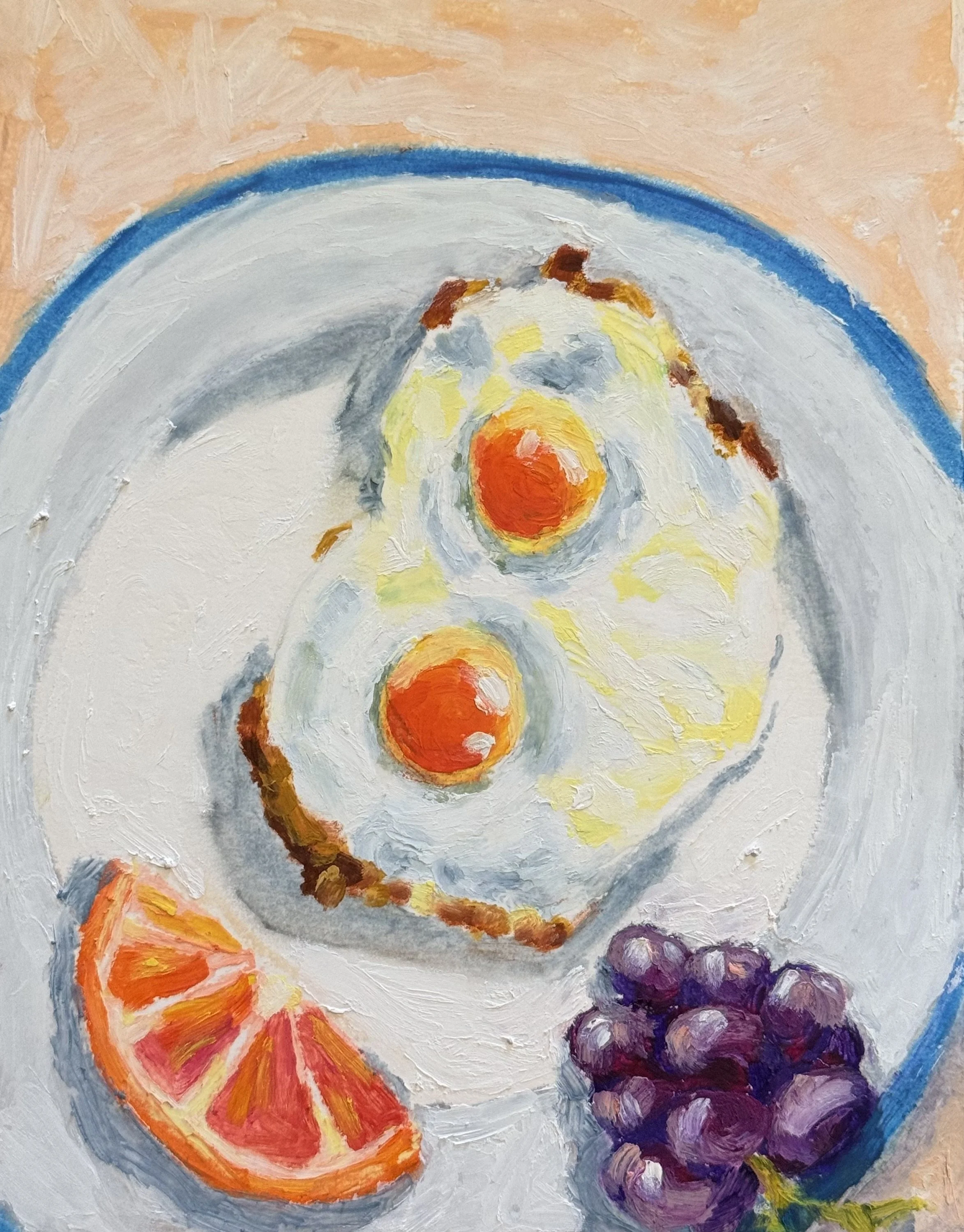 An abstract painting of a sliced orange and a bunch of purple grapes on a plate.