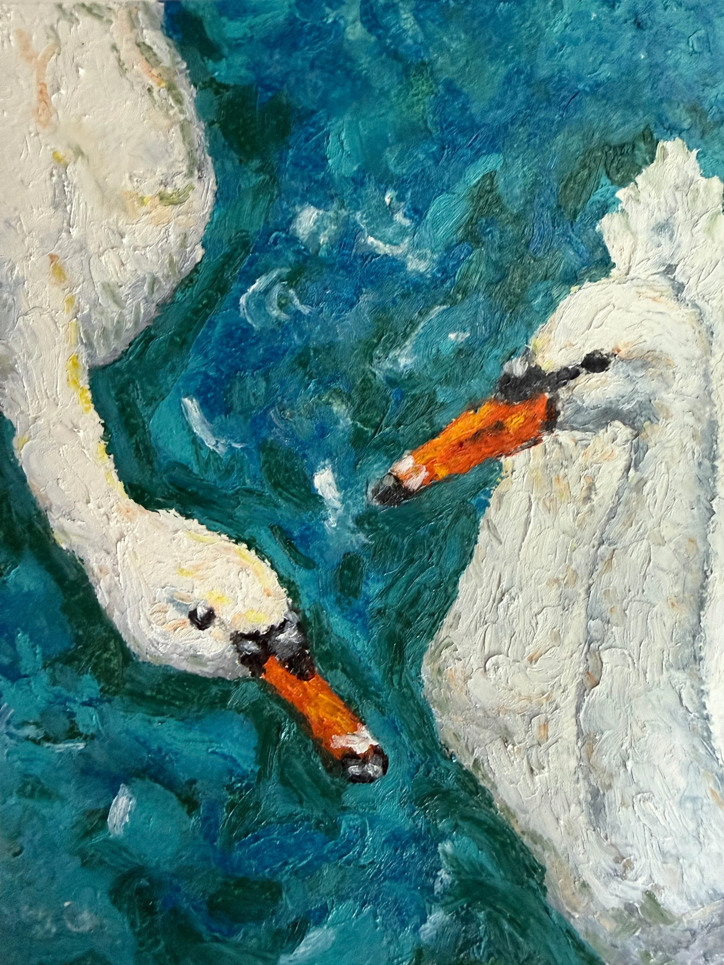 A close-up of an oil painting depicting a blue river flowing through a landscape with white and orange details, textured with visible brushstrokes.