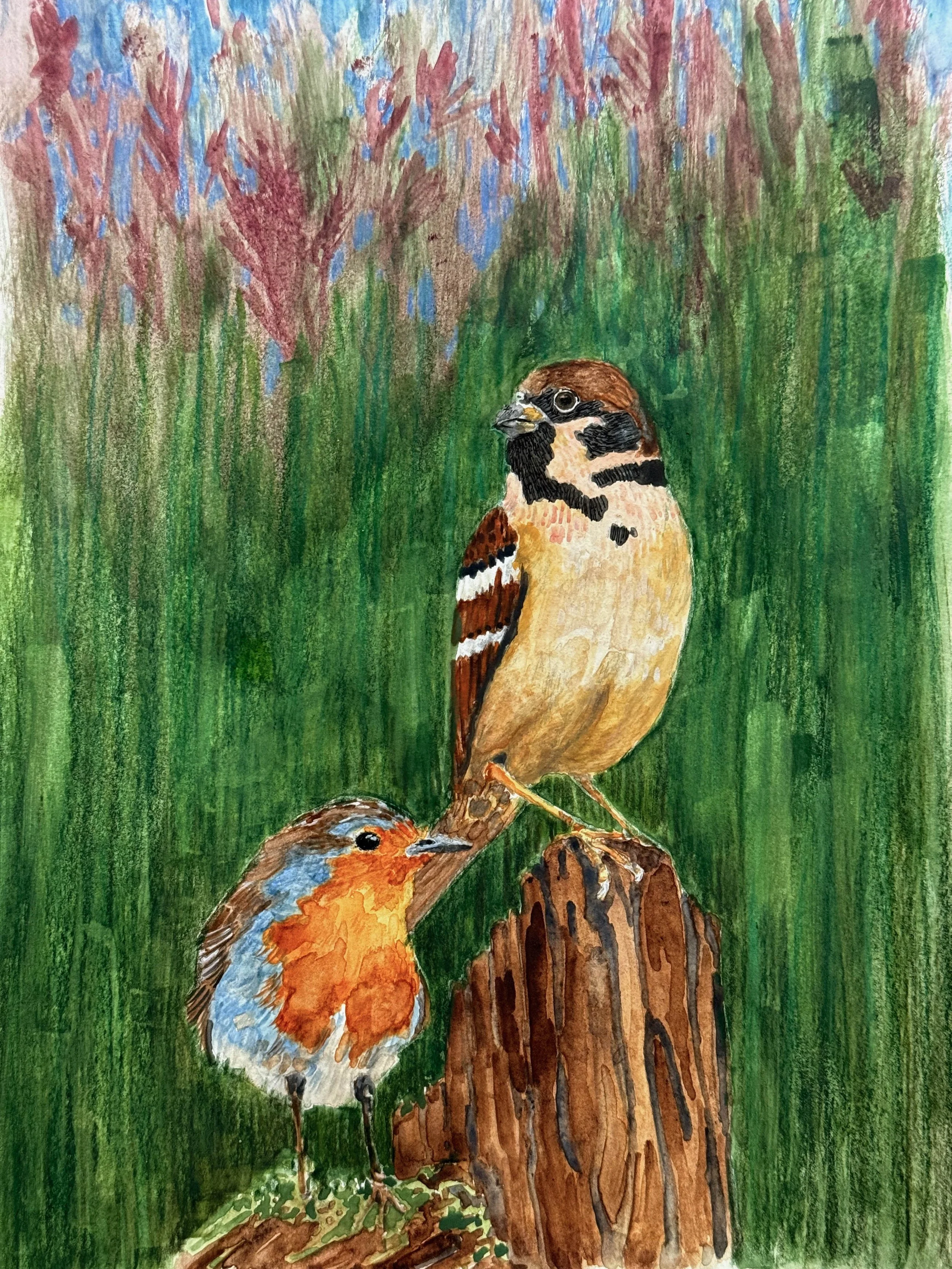 A colorful watercolor painting of two small birds perched on a tree branch in a lush green forest, with a background of blue and pink foliage.