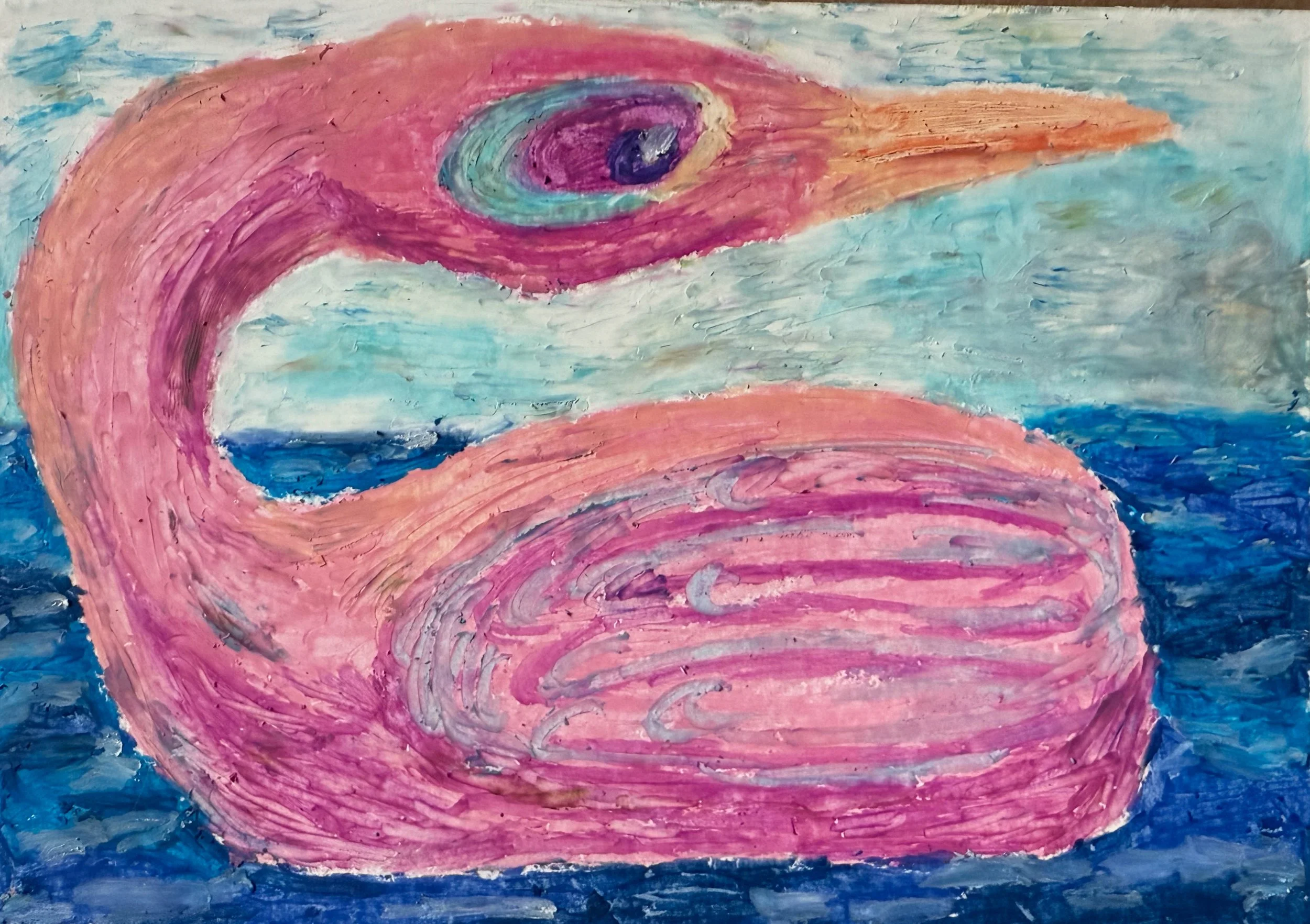 An abstract painting featuring a large pink and orange wave with a swirling blue and purple eye-like shape in the center, set against a background of blue and teal strokes.