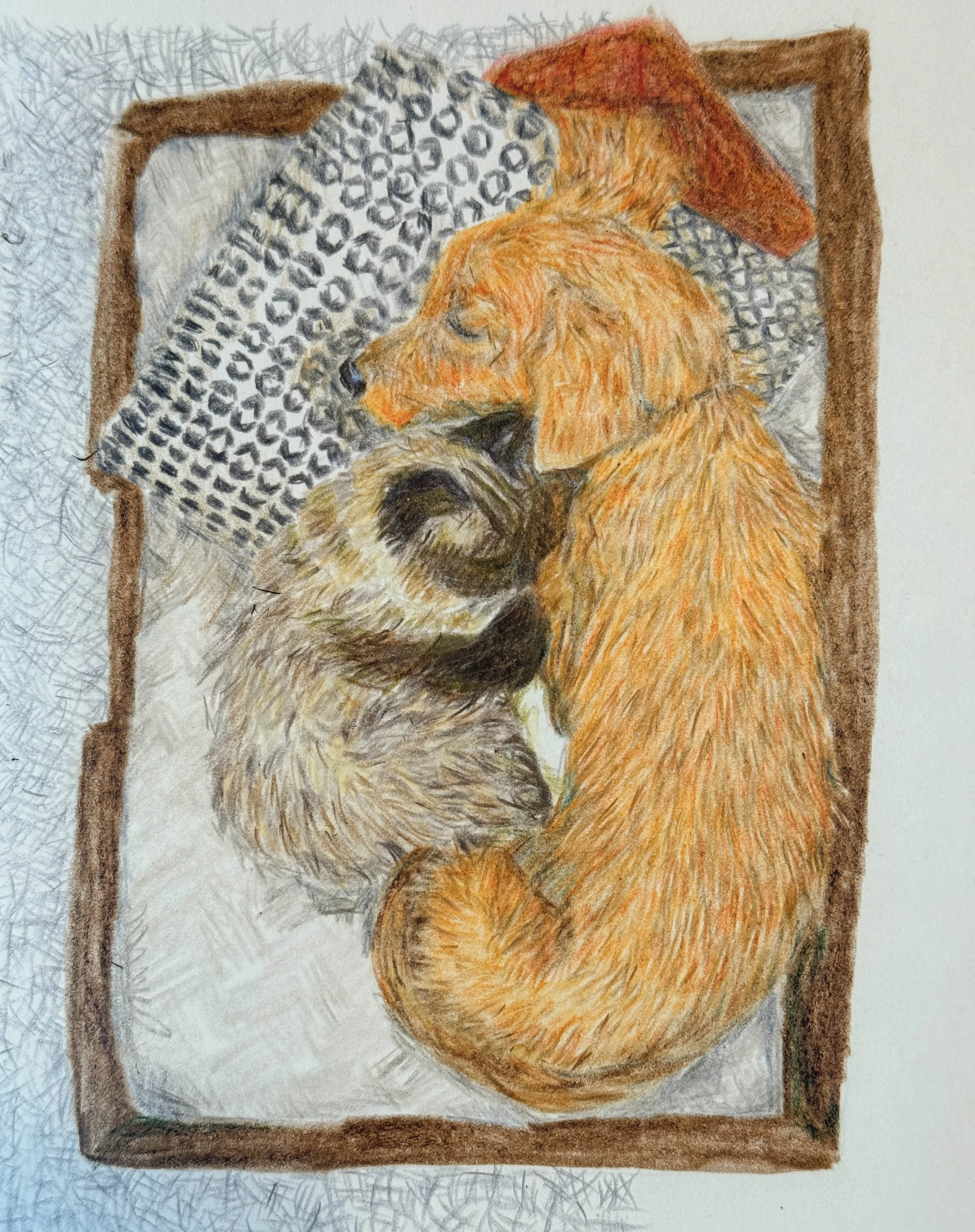 Painting of a sleeping dog with a brown coat and black nose, resting on a bed with animal print and surrounded by a brown frame.