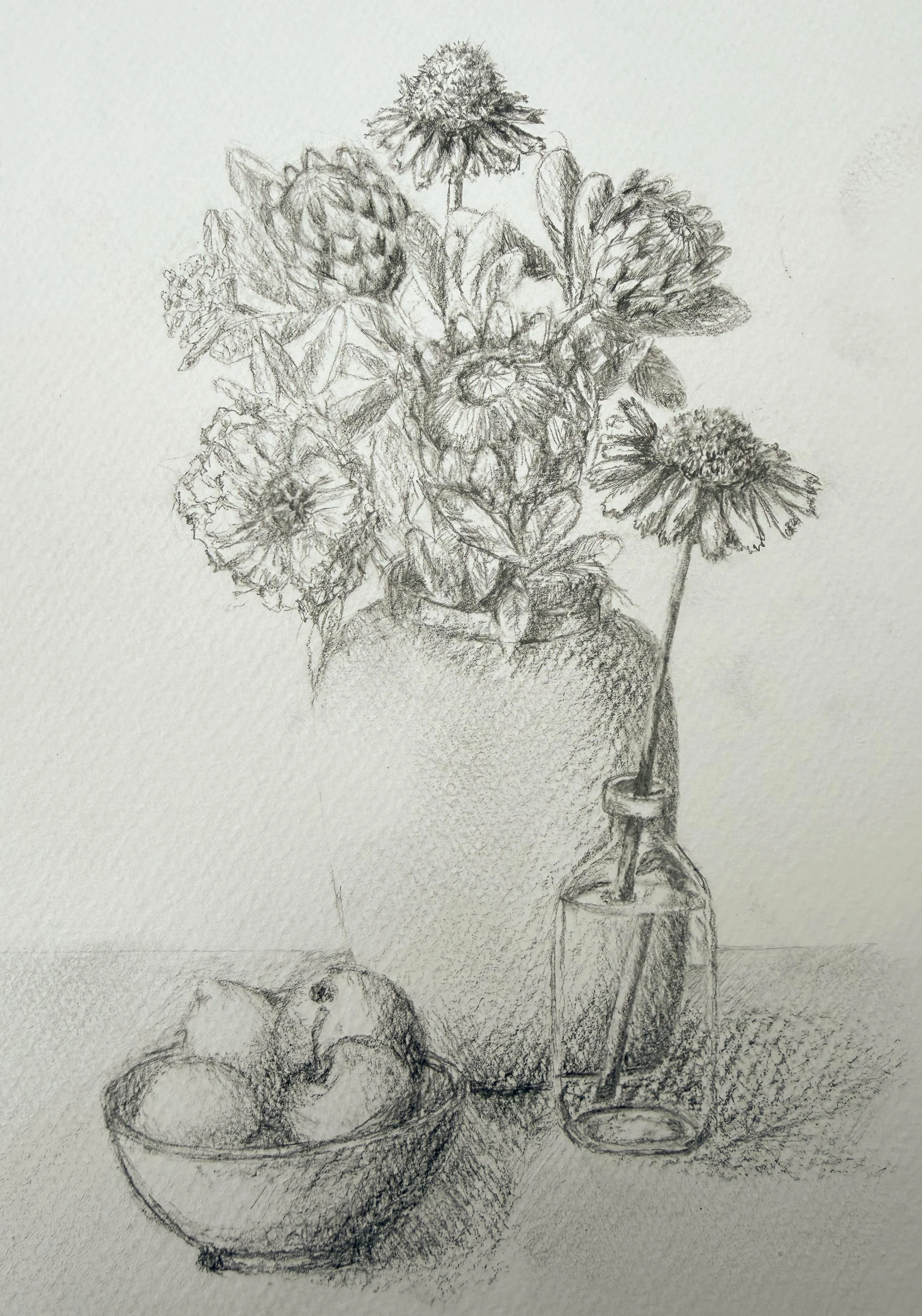 Pencil sketch of a bouquet of flowers in a vase with a bowl of eggs on a table.