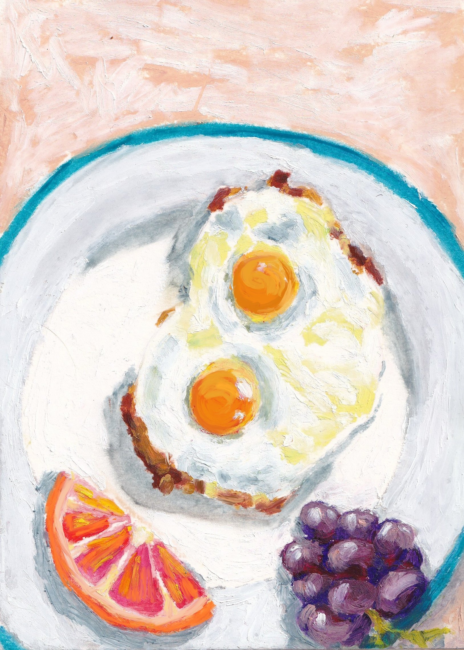 A still life painting of a fried egg on a blue and white plate, sliced oranges with peel, and a bunch of purple grapes on a white background.