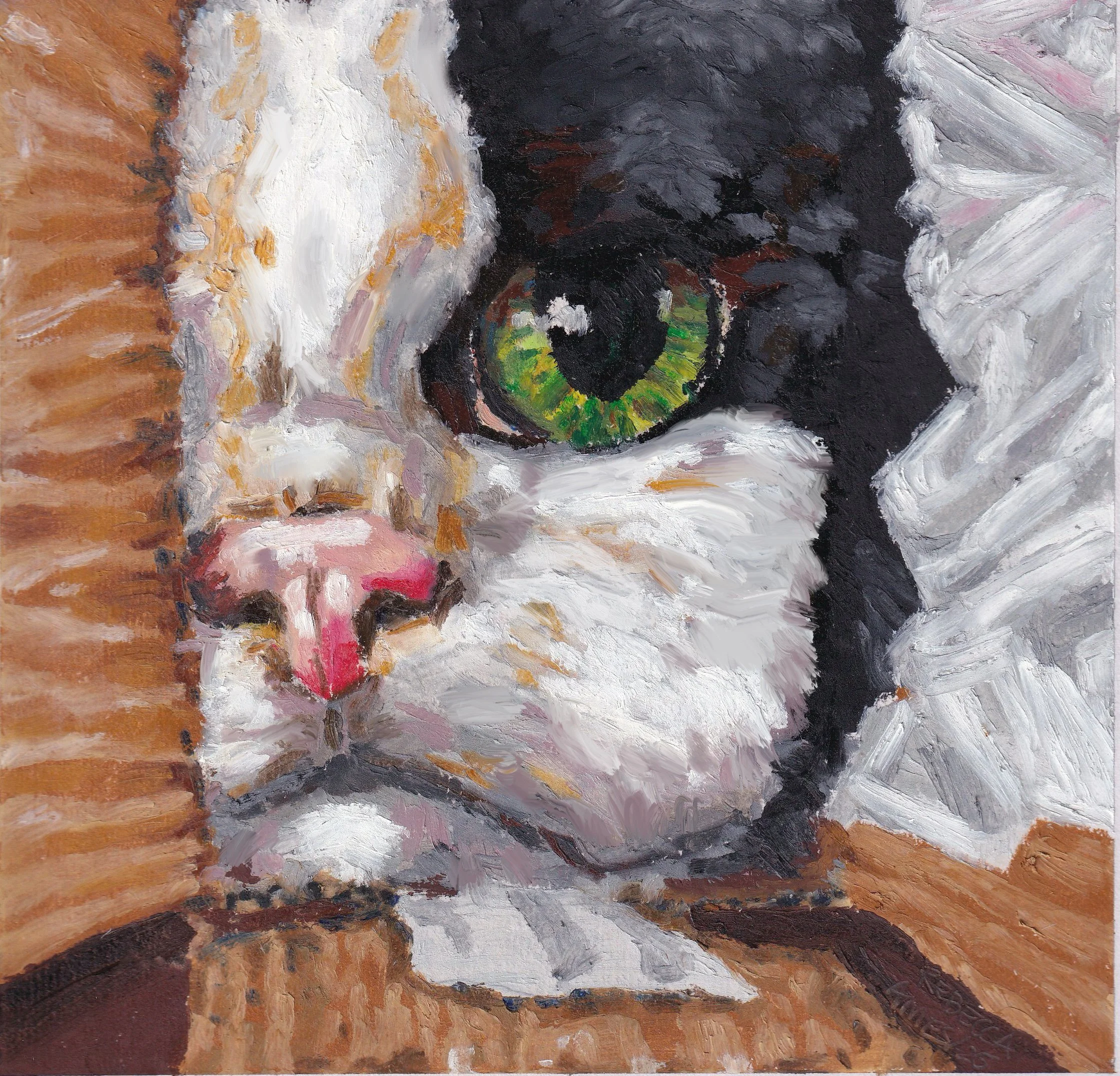 Close-up of an abstract painting with bold brushstrokes, featuring a large black circular area with a green and yellow ring, surrounded by shades of brown, white, and pink.