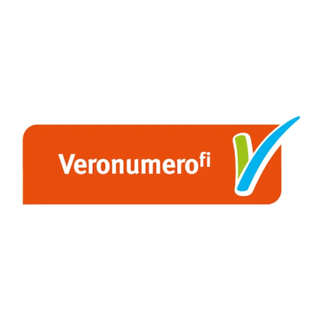 Veronumero.fi logo, oranssi tausta, vihreä ja sininen merkki, verkkosivusto