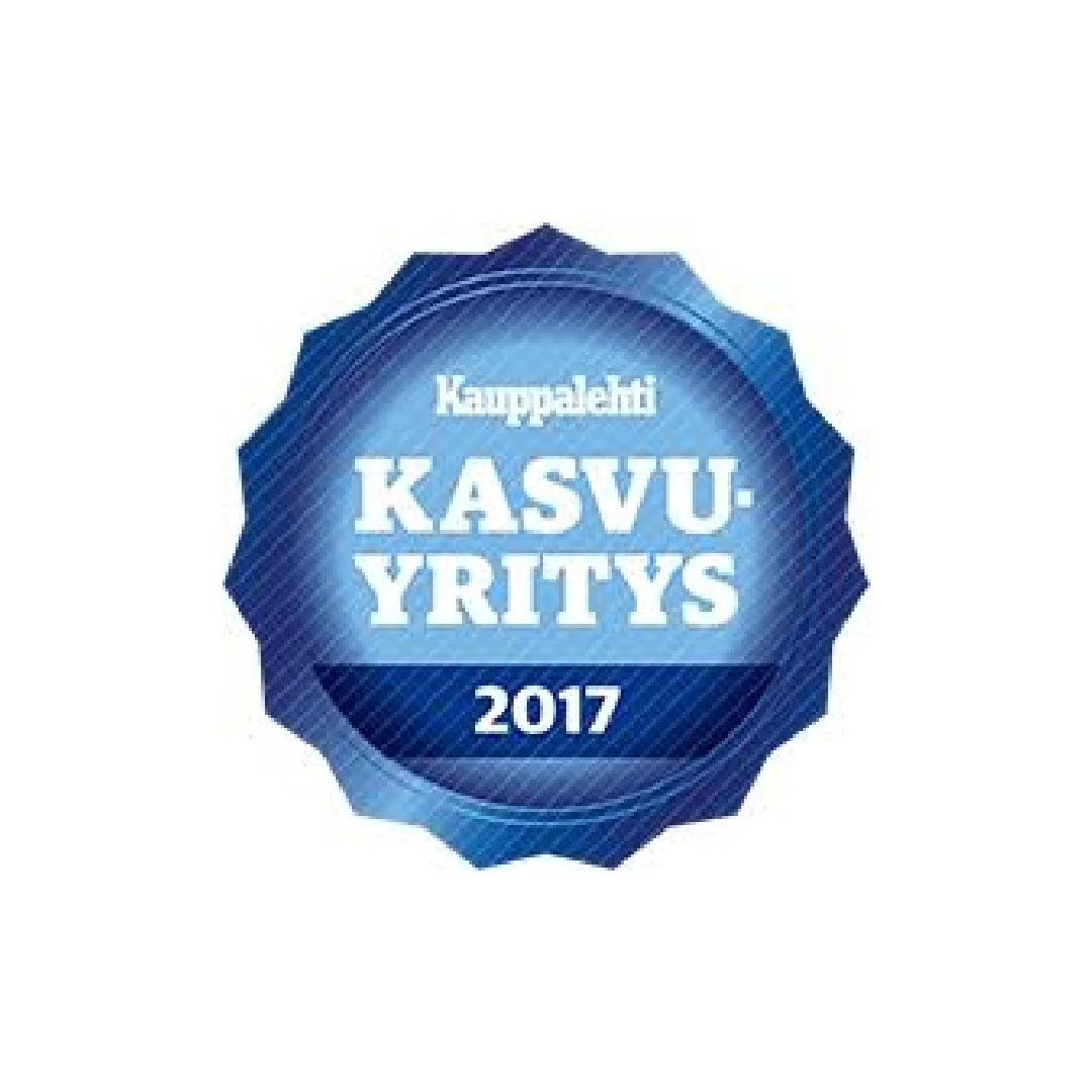 Kauppalehti Kasvuyritys 2017 -logo, sininen ja valkoinen väri, pyöreä muoto.