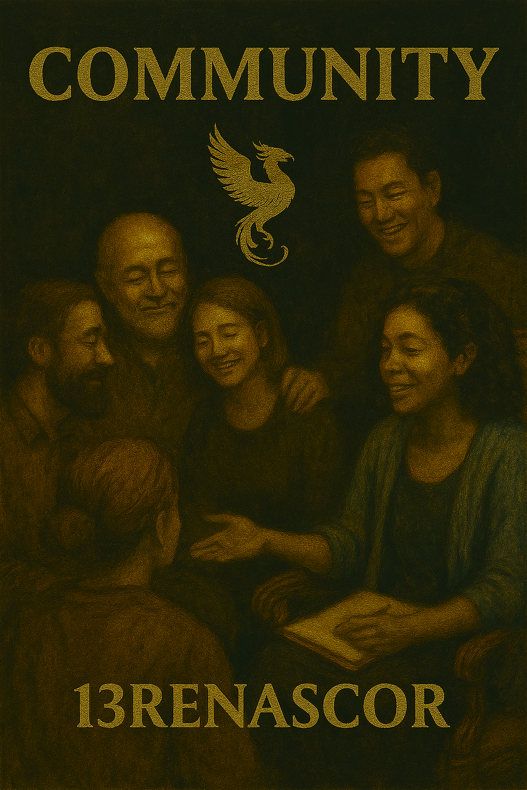 A portrait of a group of six diverse people smiling and interacting, with the word "COMMUNITY" at the top and "13RENASCOR" at the bottom, and a golden bird emblem in the center.