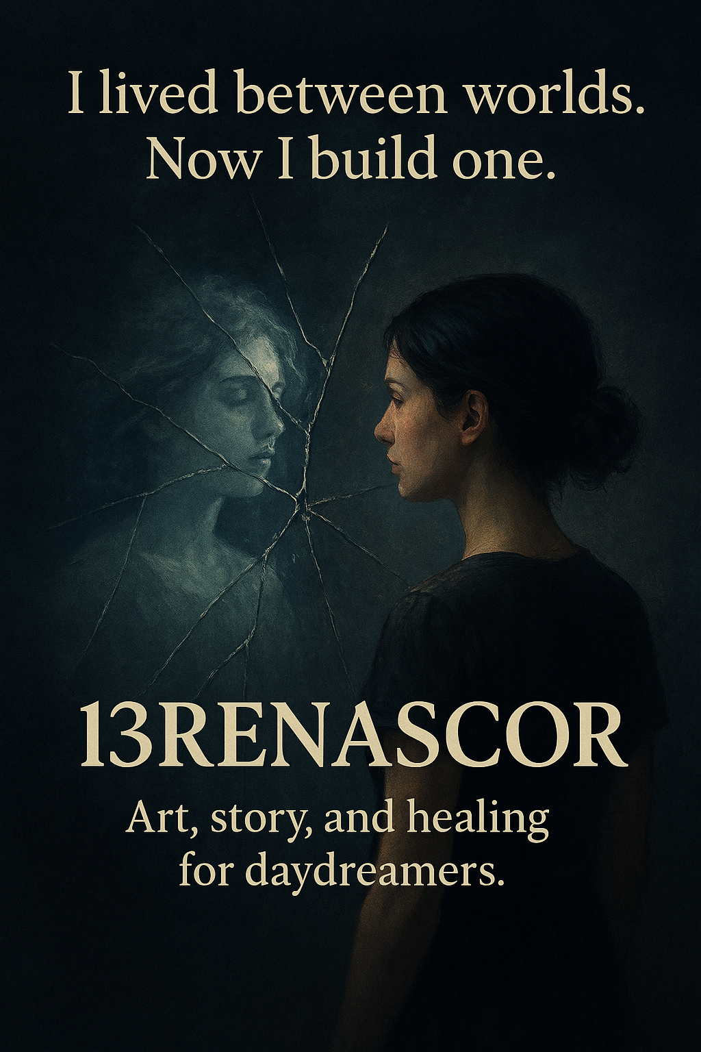 Book cover featuring a woman looking at her reflection in a shattered mirror with the title '13RENSOR' and the subtitle 'Art, story, and healing for daydreamers.' The top quote reads, 'I lived between worlds. Now I build one.'