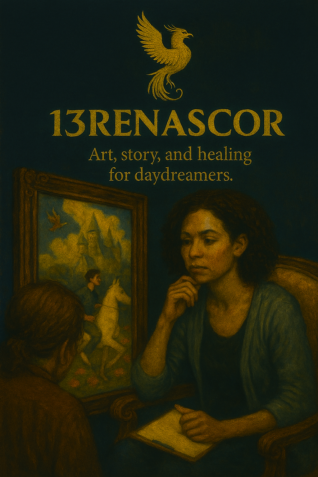 A book cover with a painting of a woman sitting at a table, contemplative, with a mirror reflecting a scene of a woman on a horse in front of mountains. The title reads '13RENSOR' and the subtitle 'Art, story, and healing for daydreamers.' A golden phoenix is at the top.