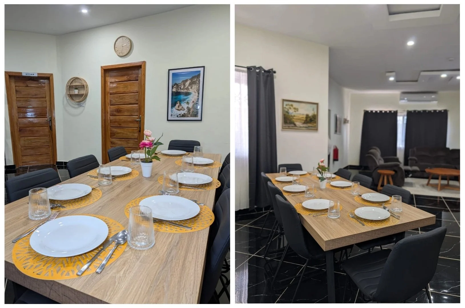 Interior of a living and dining area with a dark sofa, a dining table set with white plates, glasses, cutlery, a small flower arrangement, a wall-mounted TV, and framed artwork on the walls.