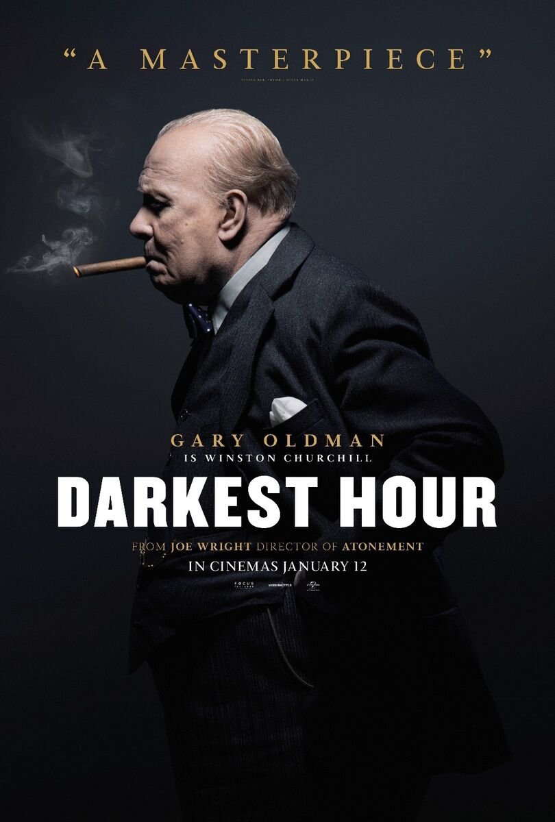 Movie poster for 'Darkest Hour' featuring a profile of a man with light-colored hair, smoking a cigar, wearing a dark suit, set against a dark background.