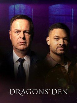 Promotional poster for the TV show "Dragons' Den" featuring two men against a dark background with purple lighting.
