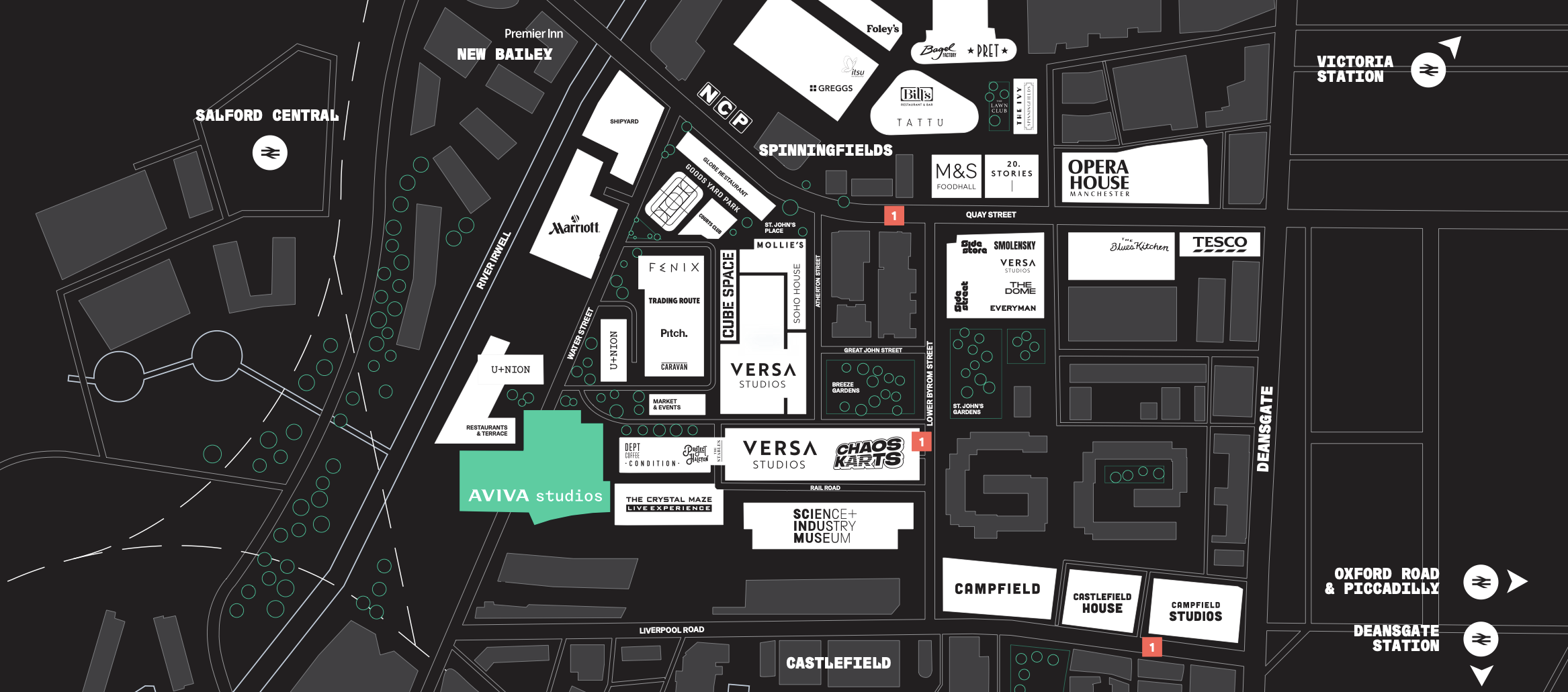 Map of the MediaCityUK area showing various studios, offices, gardens, and transportation hubs including AVIVA Studios, The Crystal Maze, Science+ Industry Museum, and multiple train stations.