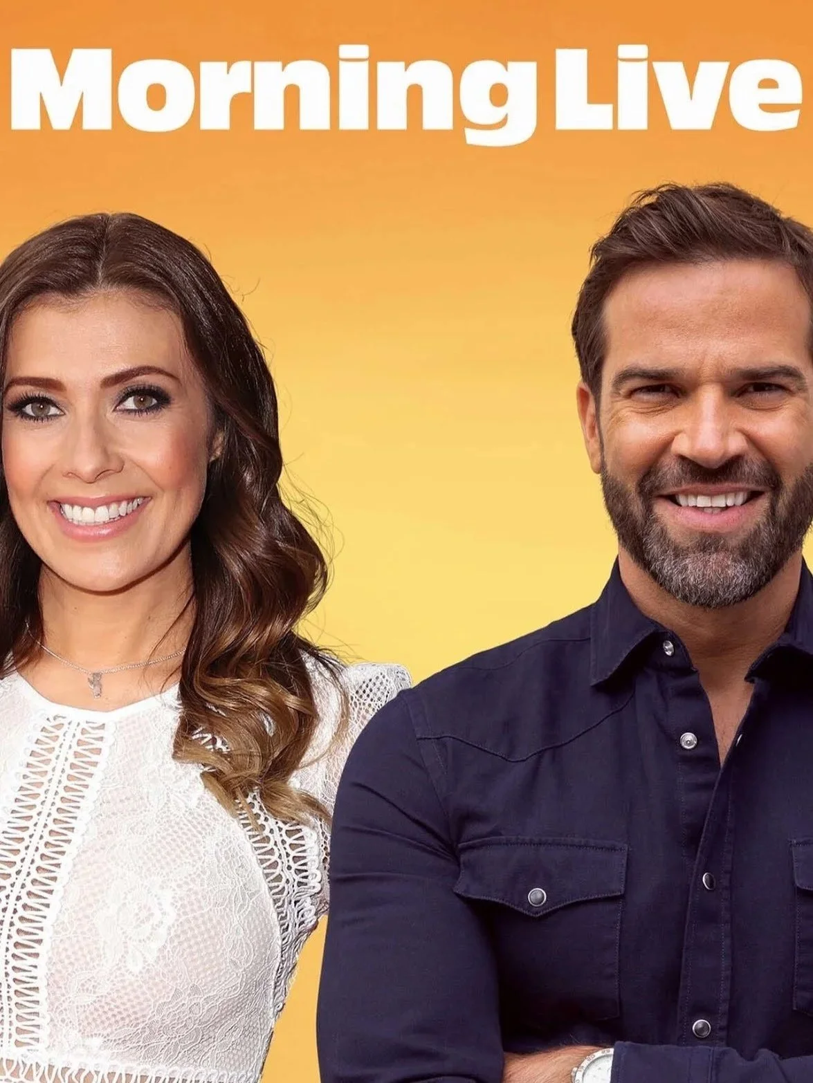 A smiling woman with wavy brown hair wearing a white lace top and a smiling man with a beard and short brown hair wearing a dark blue shirt, with the text "Morning Live" in large white letters at the top, set against a yellow background.