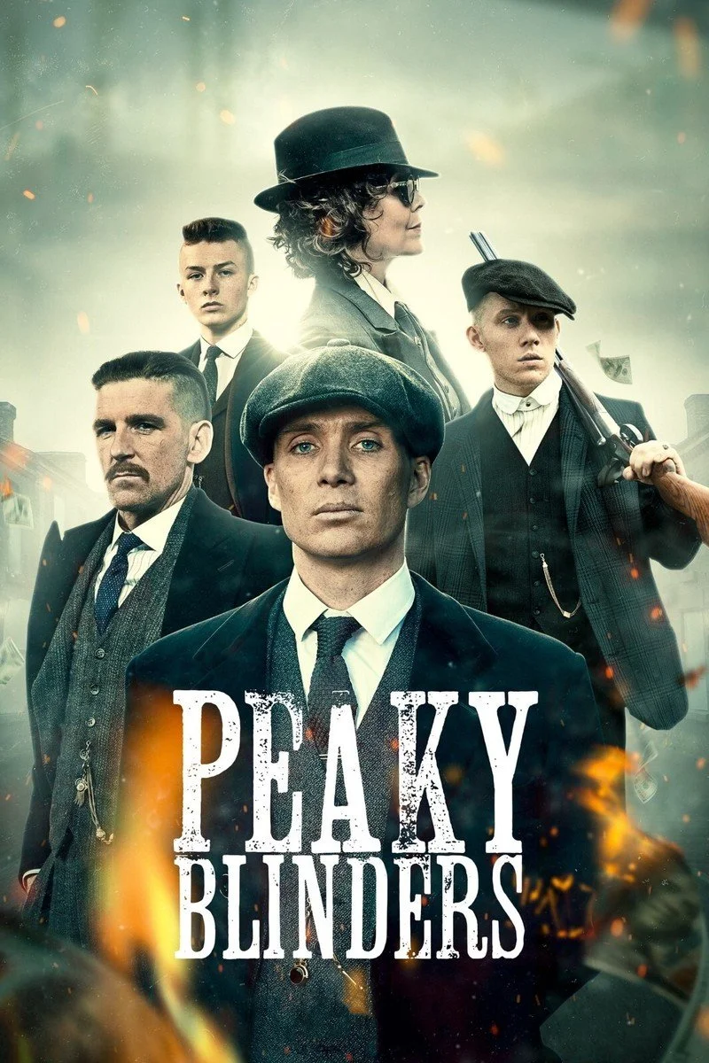 Group of five characters dressed in 1920s clothing, with some holding guns, standing in front of a cloudy sky with sparks and fire effects, promoting the series 'Peaky Blinders.'