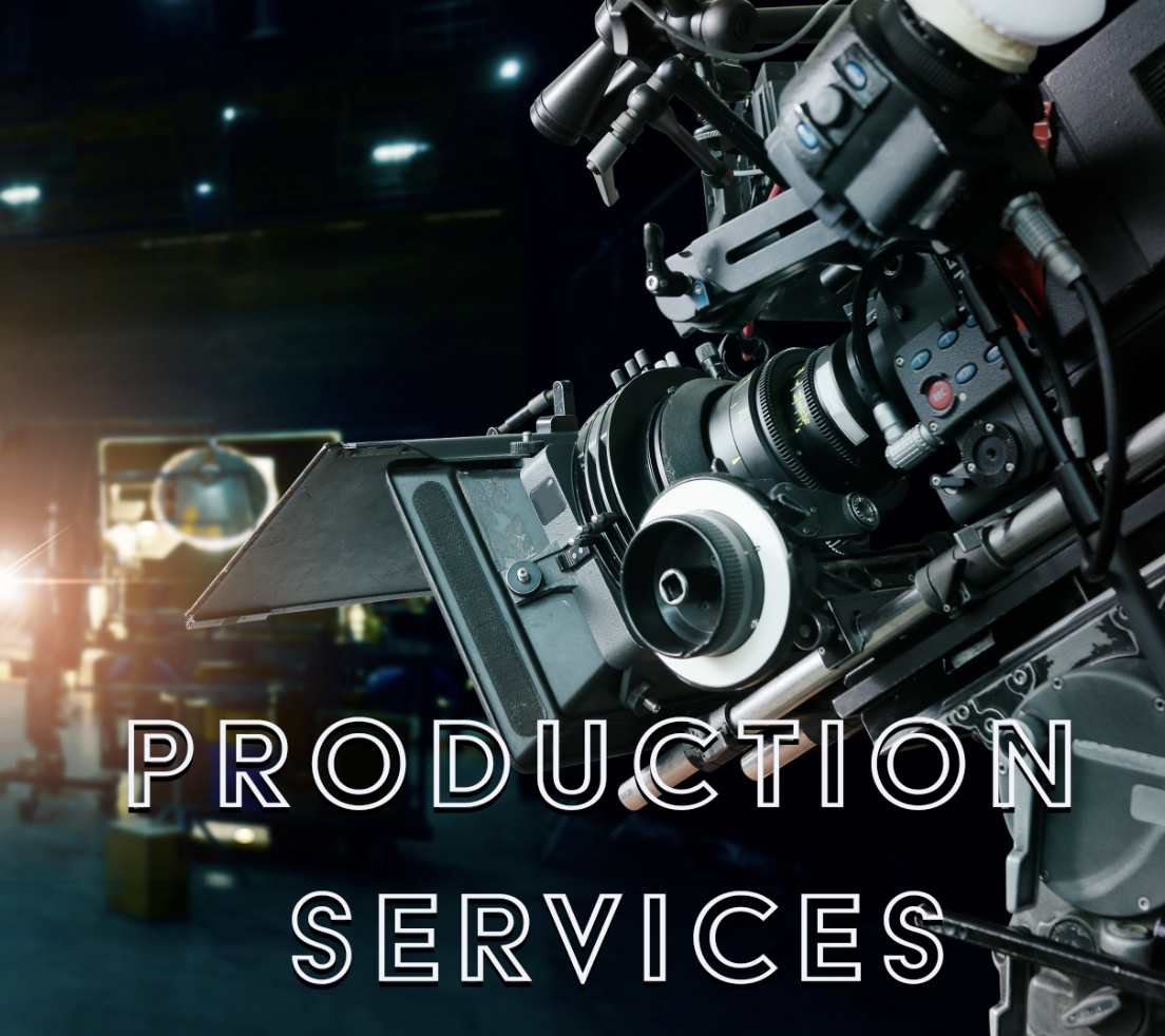 Close-up of a professional film camera in a studio, with the words 'Production Services' overlayed.