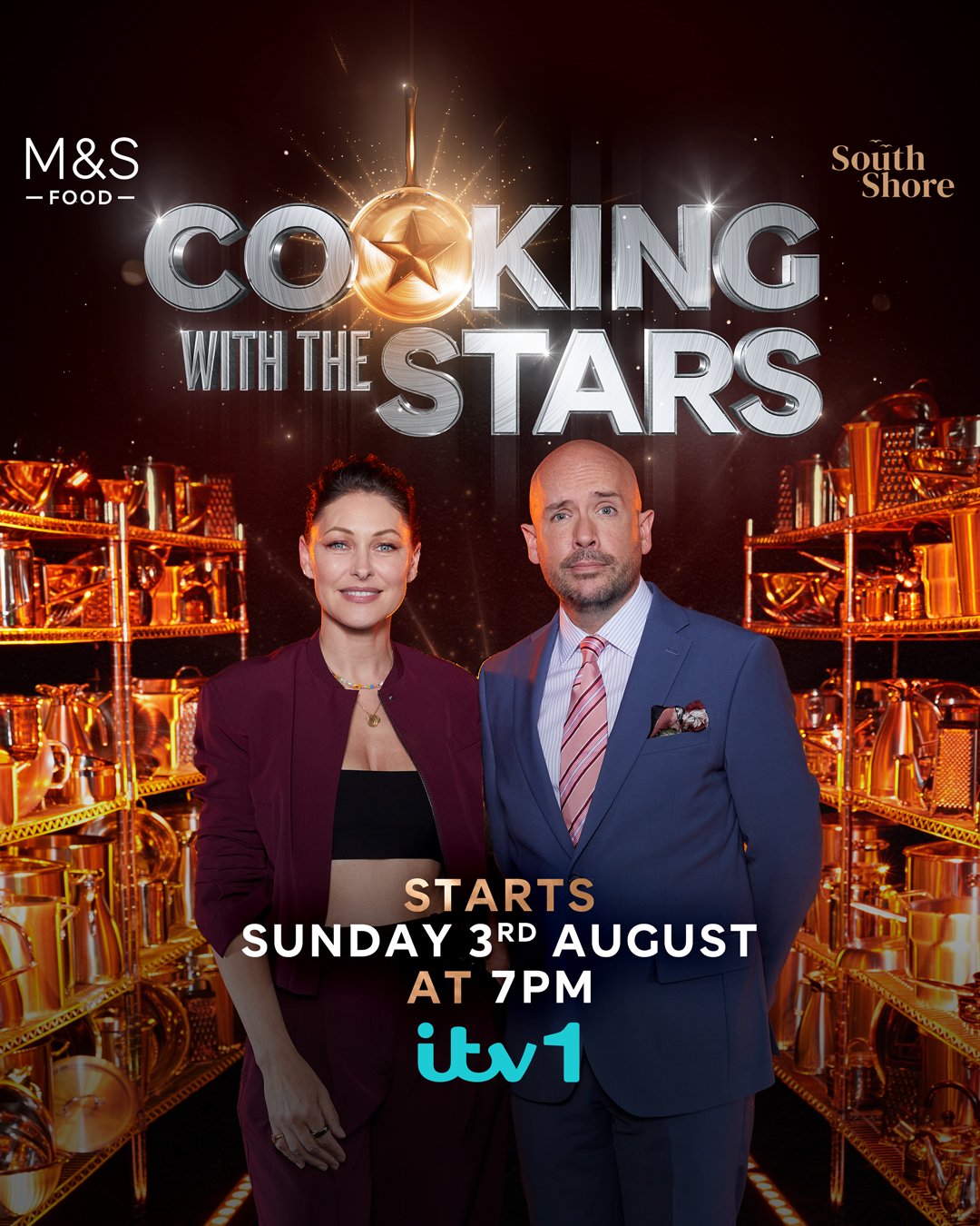 A promotional poster for the TV show 'Cooking with the Stars' on ITV1. It features a woman and a man standing in a gold kitchen with shelves filled with copper cookware. The title is in large, metallic letters with a star-shaped ornament. The show st