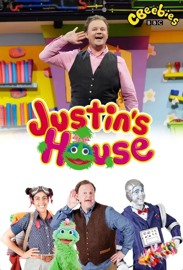 The image is a promotional poster for "Justin's House," a children's TV show featuring colorful characters and hosts. The top part shows a man in a pink shirt and black vest smiling, with a colorful background. The title "Justin's House" is written i