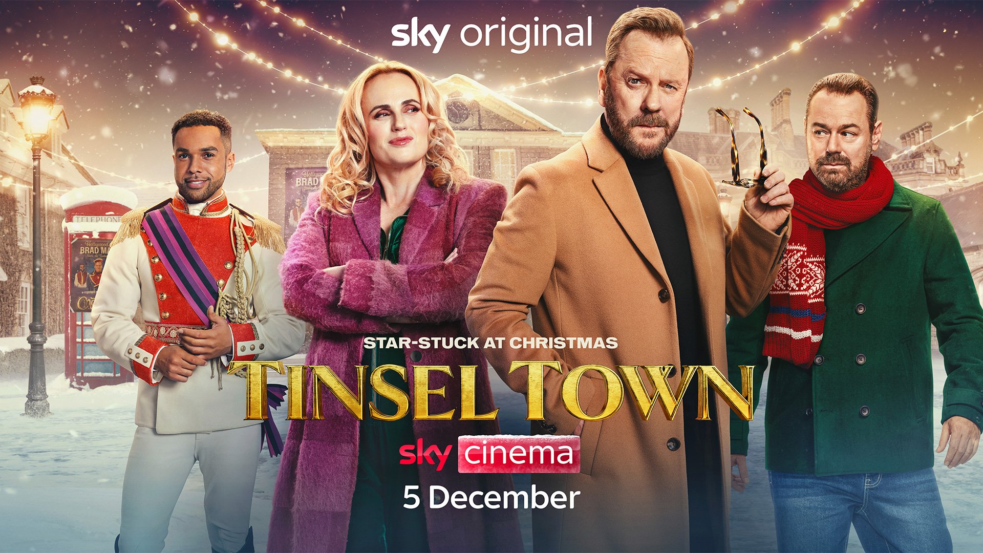 Promotional poster for the TV series 'Tinsel Town' by Sky Original, featuring four main characters dressed in festive winter clothing, standing outdoors in a snow-covered town decorated with holiday lights. The title 'Tinsel Town' is prominently displayed, with the Sky Cinema logo and the release date of December 5.