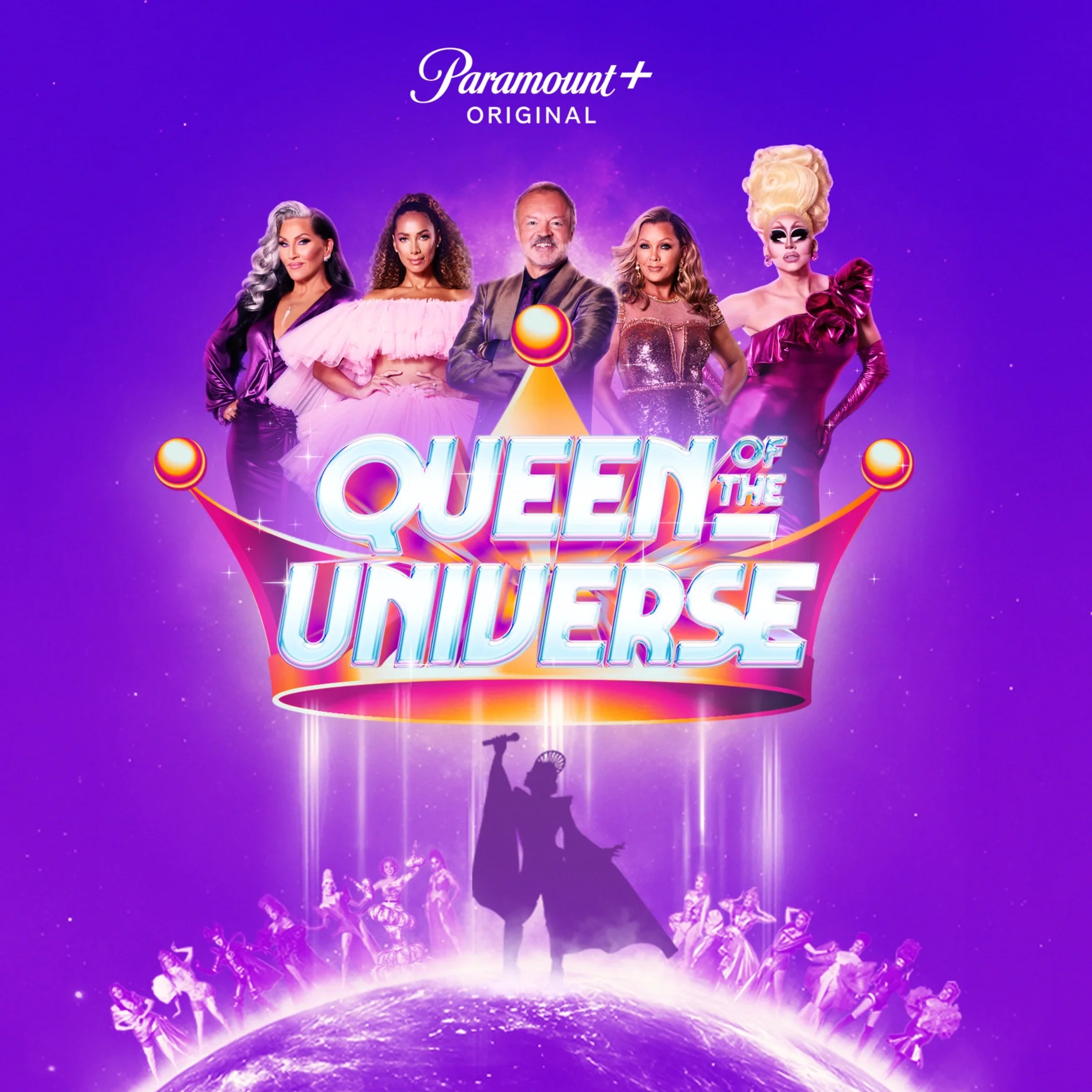 Promotional poster for 'Queen of the Universe' featuring five drag queens in vibrant outfits, standing on a cosmic purple background with a glowing globe and smaller performers underneath, and the show title prominently displayed in colorful neon-sty