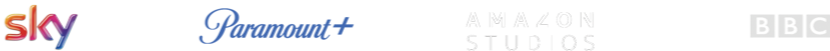 A collage of logos from Sky, Google, Amazon Studios, and HBO, with a gradient background.