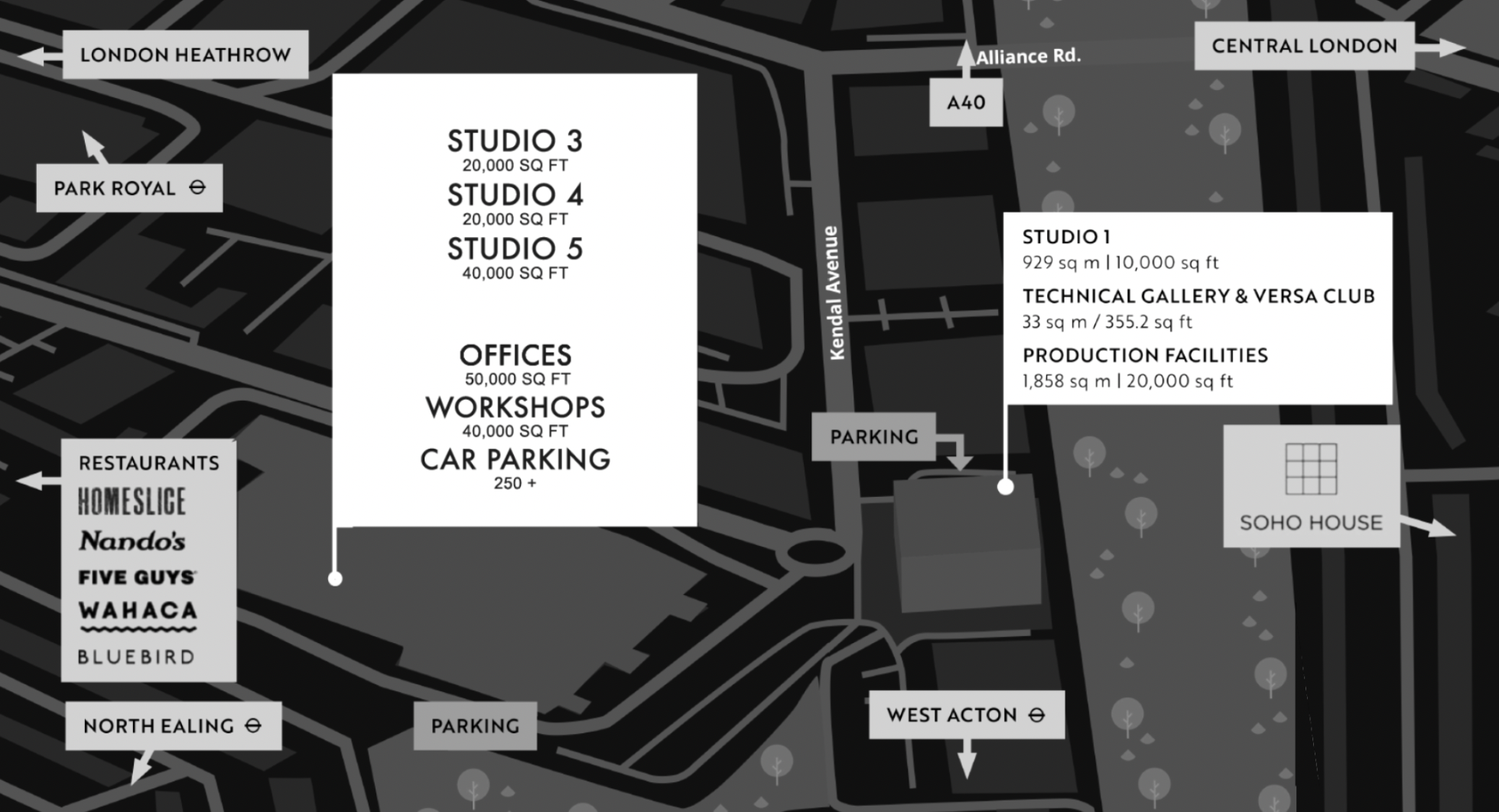 Map of a creative complex showing various studios, offices, workshops, parking areas, and landmarks including Soho House, parks, and various neighborhoods in London, with roads labeled and directional arrows.