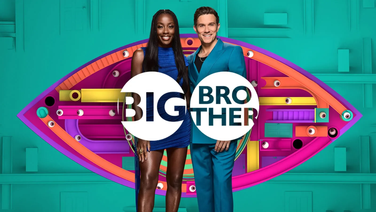 Promotional image for Big Brother featuring two hosts, a woman in a blue dress and a man in a blue suit, standing in front of a colorful background with an eye design and the Big Brother logo.