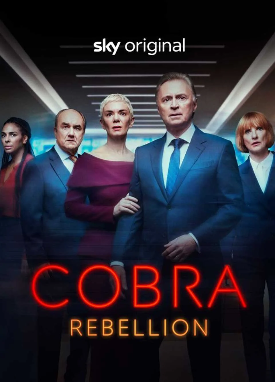 Promotional poster for the TV series "Cobra Rebellion" on Sky Original, showing five serious-looking characters dressed in business attire standing in a modern corridor with neon lighting.