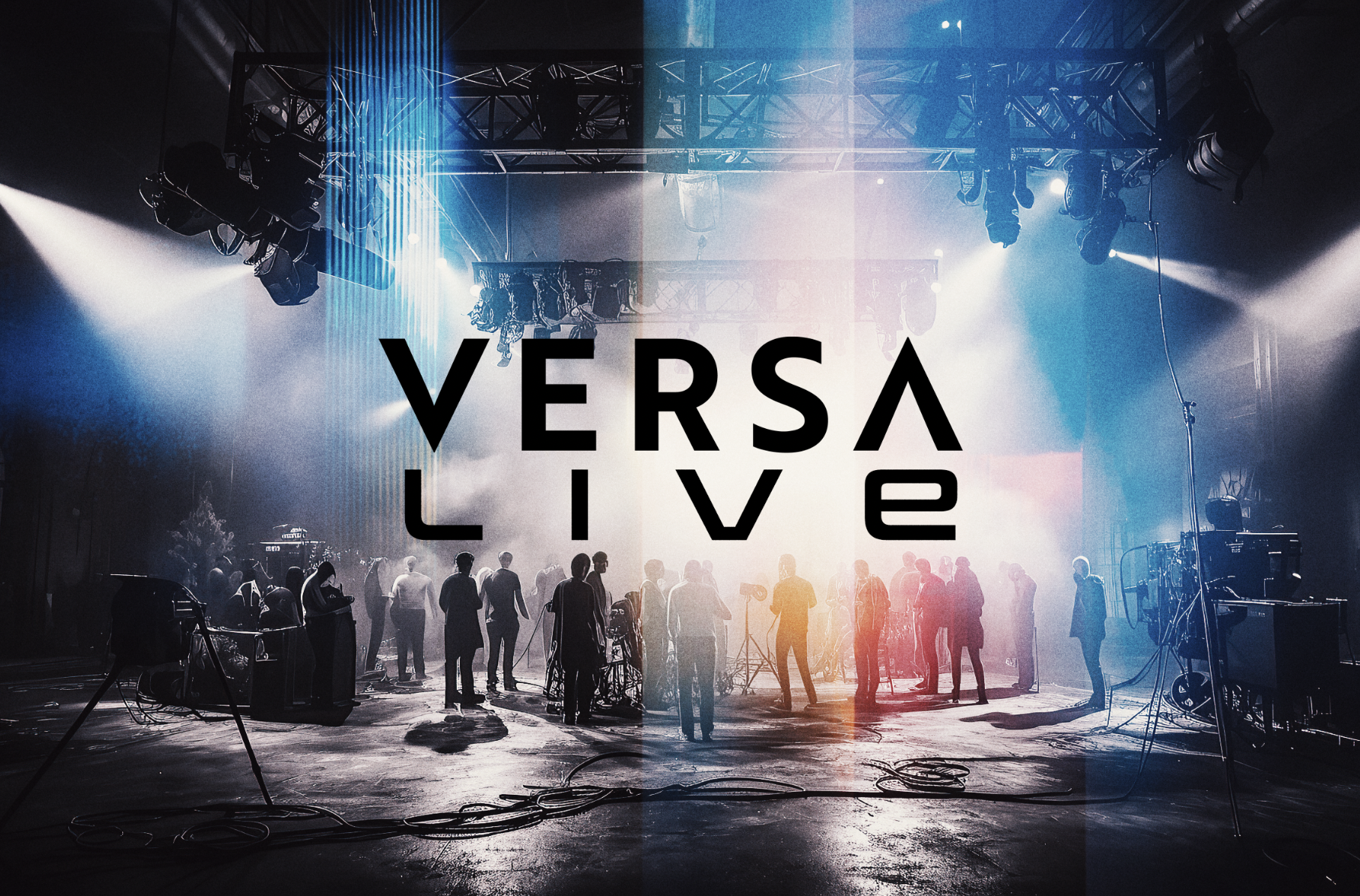 Stage with lighting and equipment, people standing and talking, 'Versa Live' in large text in the center.