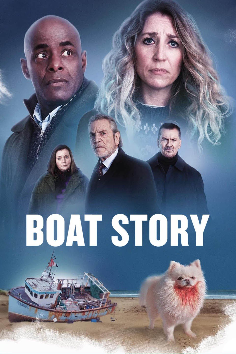 Promotional poster for the show 'Boat Story' featuring five main characters, a boat wrecked on the beach, and a small fluffy dog, with a cloudy sky background.