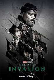 Poster for the movie 'Secret Invasion' featuring Samuel L. Jackson and several other characters, with a dark background and the Disney logo.