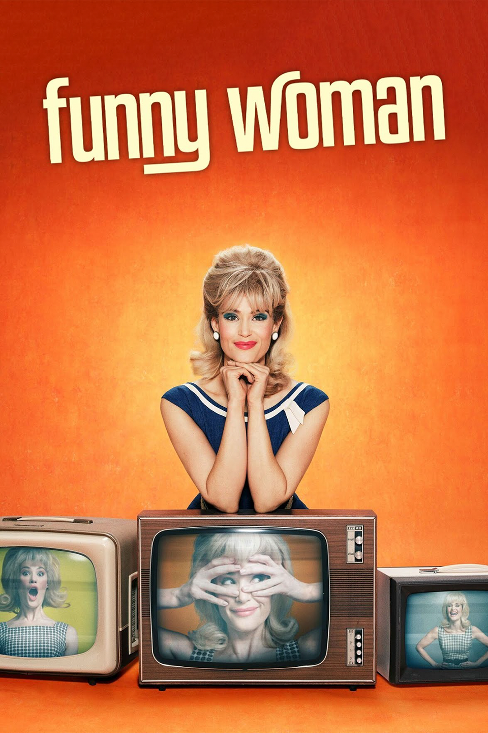 Poster for the show 'Funny Woman' featuring a woman with blonde hair in retro clothing, surrounded by vintage televisions displaying various expressions.