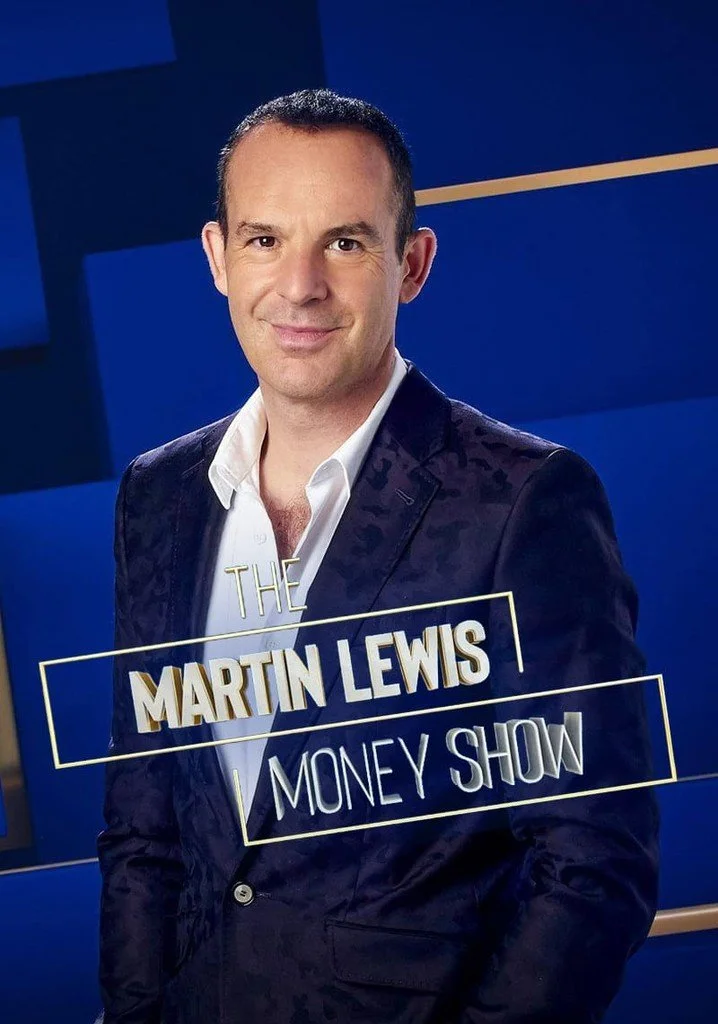 Photograph of Martin Lewis, host of The Martin Lewis Money Show, wearing a dark blazer and white shirt, with a blue background and yellow lines.