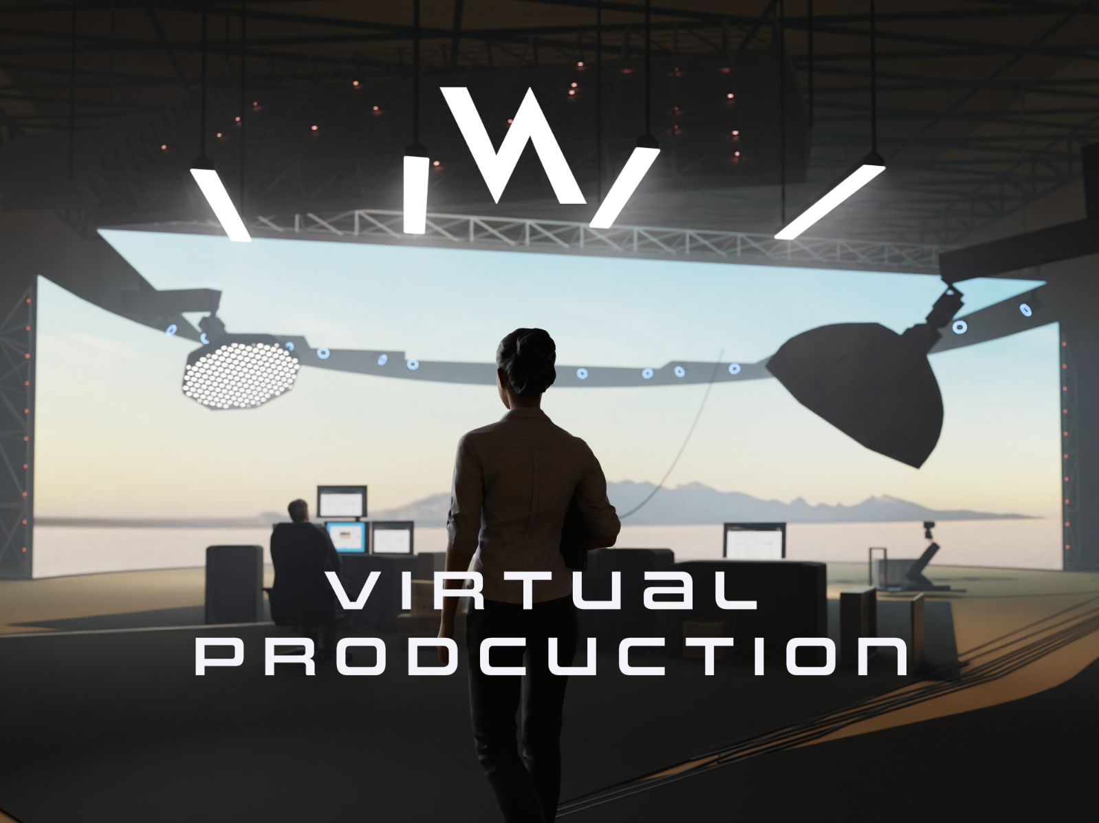 A person observing a large screen with a virtual helicopter and a map, in a control room setting labeled 'Virtual Production.'