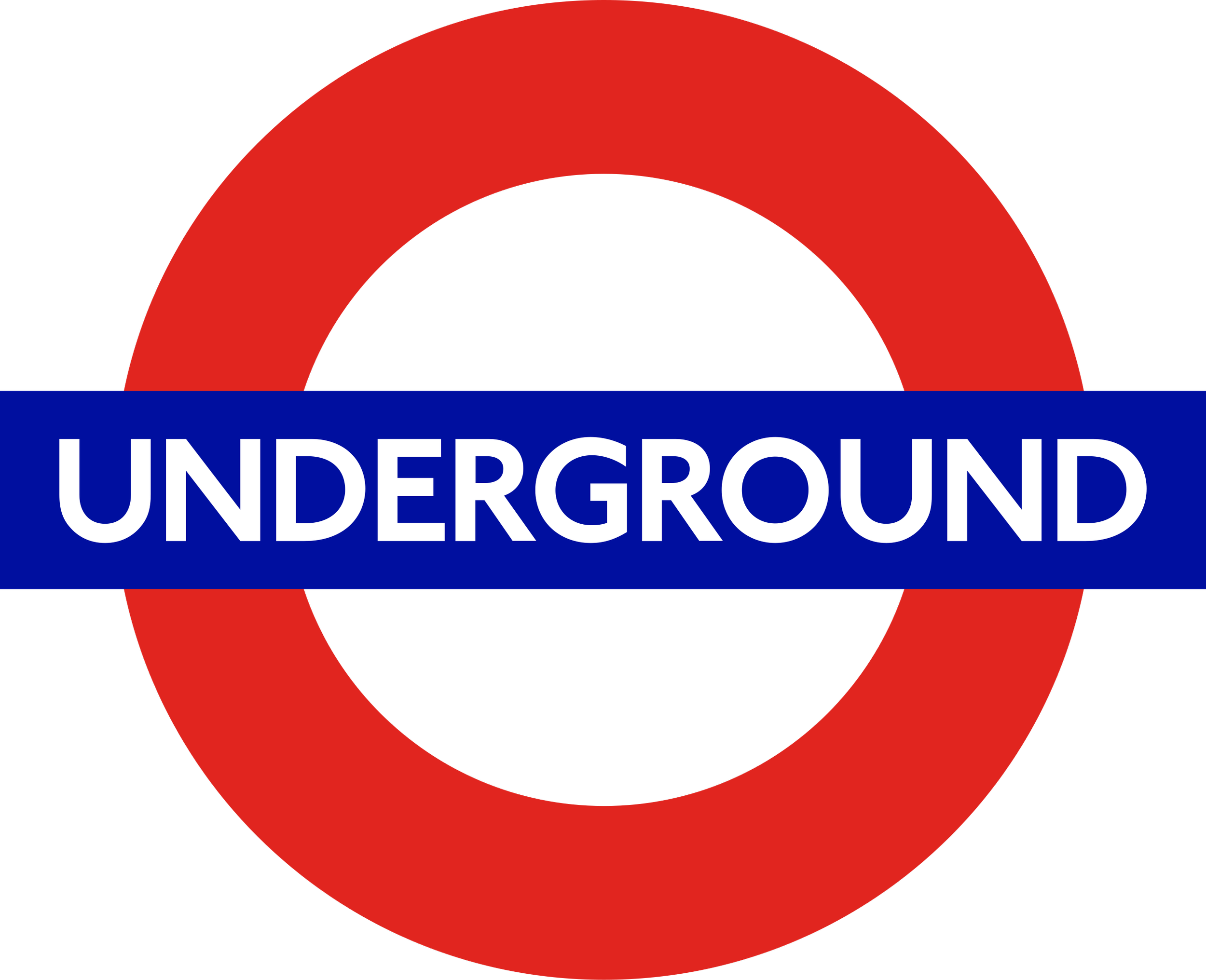 London Underground logo with red circle, blue bar, and white text