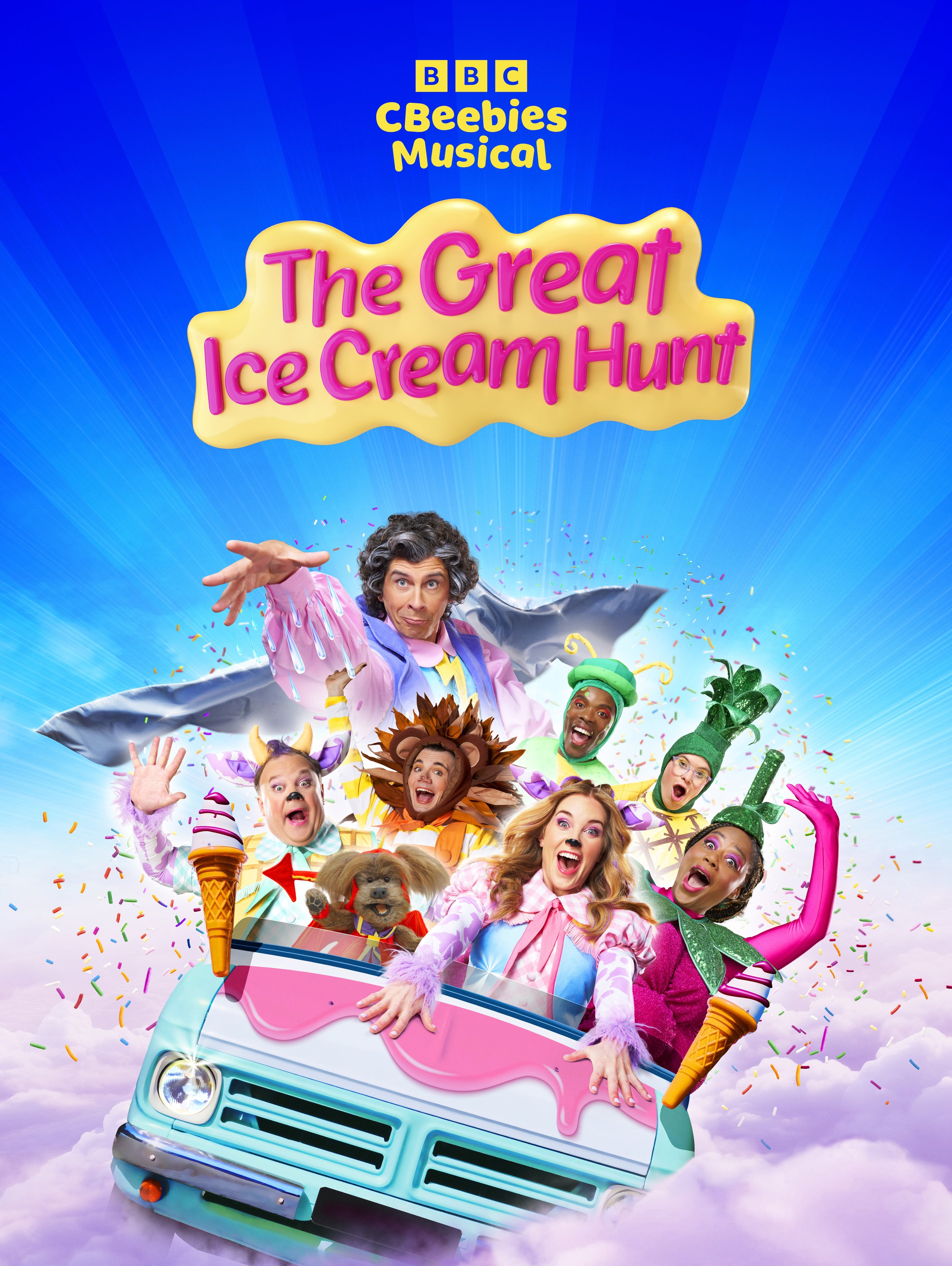 Poster for BBC CBeebies musical titled 'The Great Ice Cream Hunt,' featuring animated characters riding in a pink ice cream truck with a rainbow background and confetti.