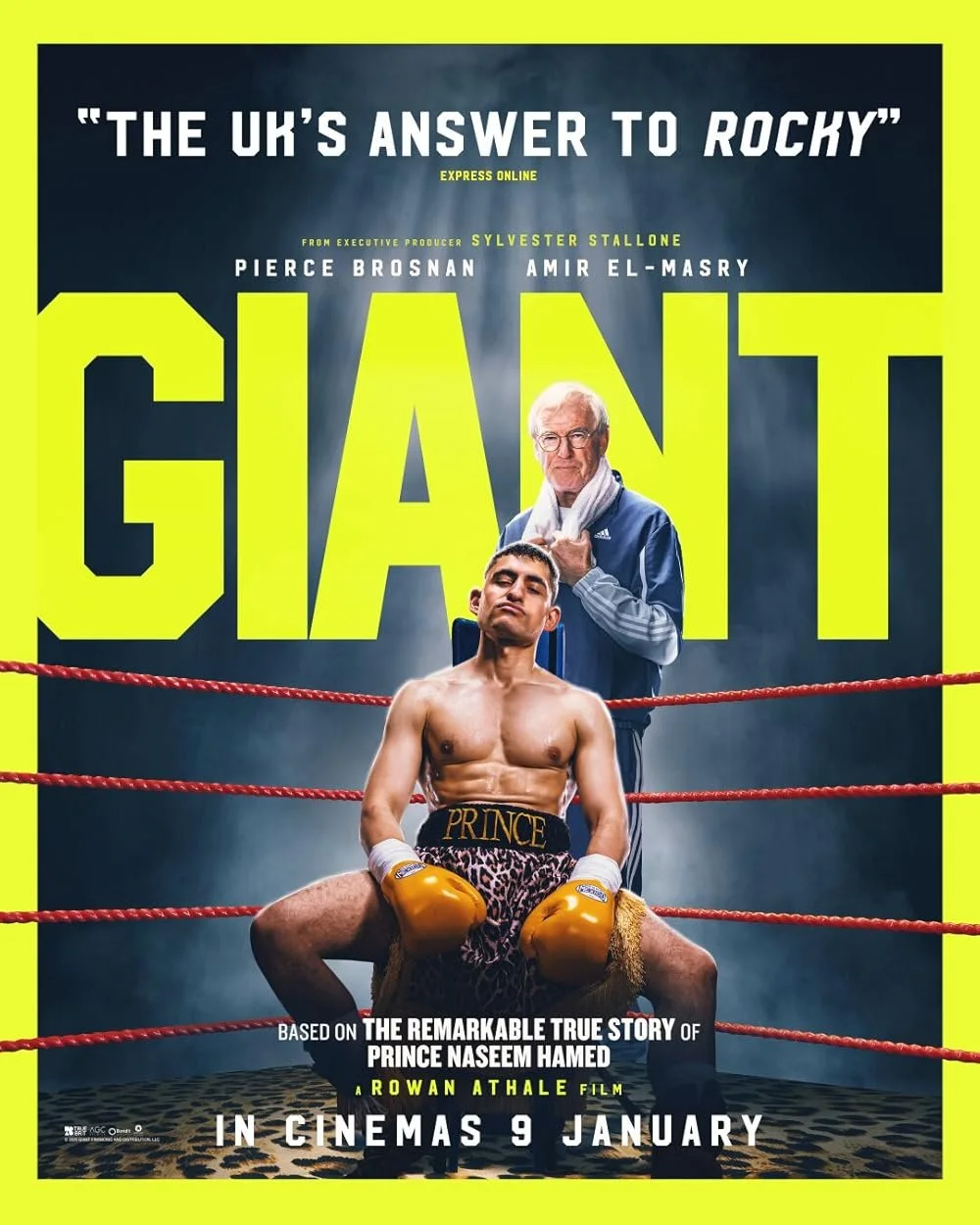 A movie poster for the film 'Giant'. It features a young boxer sitting in the corner of a boxing ring, wearing leopard print shorts and yellow boxing gloves, with a man standing behind him. The background is dark with smoky elements, and the text highlights the film's title, cast, and release date.