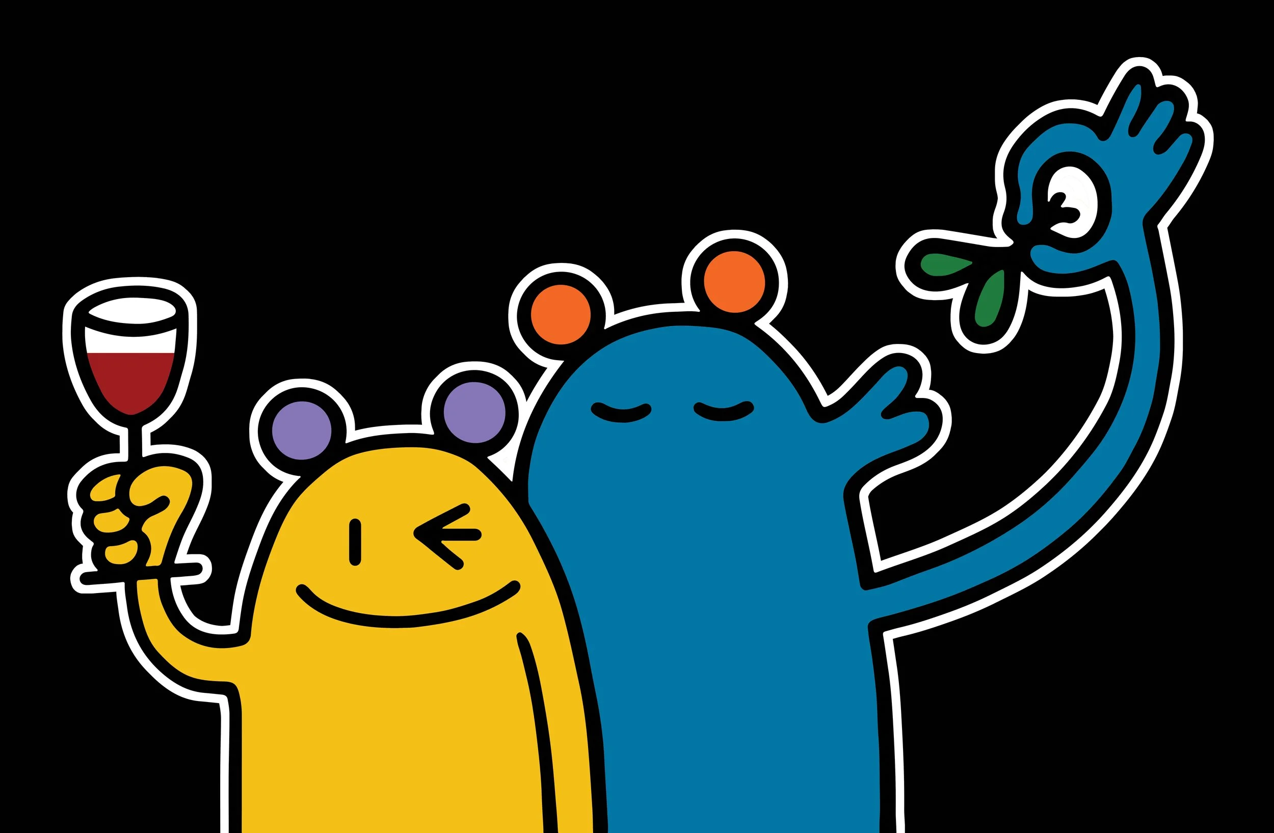 Zwei bunte Cartoon-Monster feiern mit Sekt und Gänseblümchen auf einem schwarzen Hintergrund.