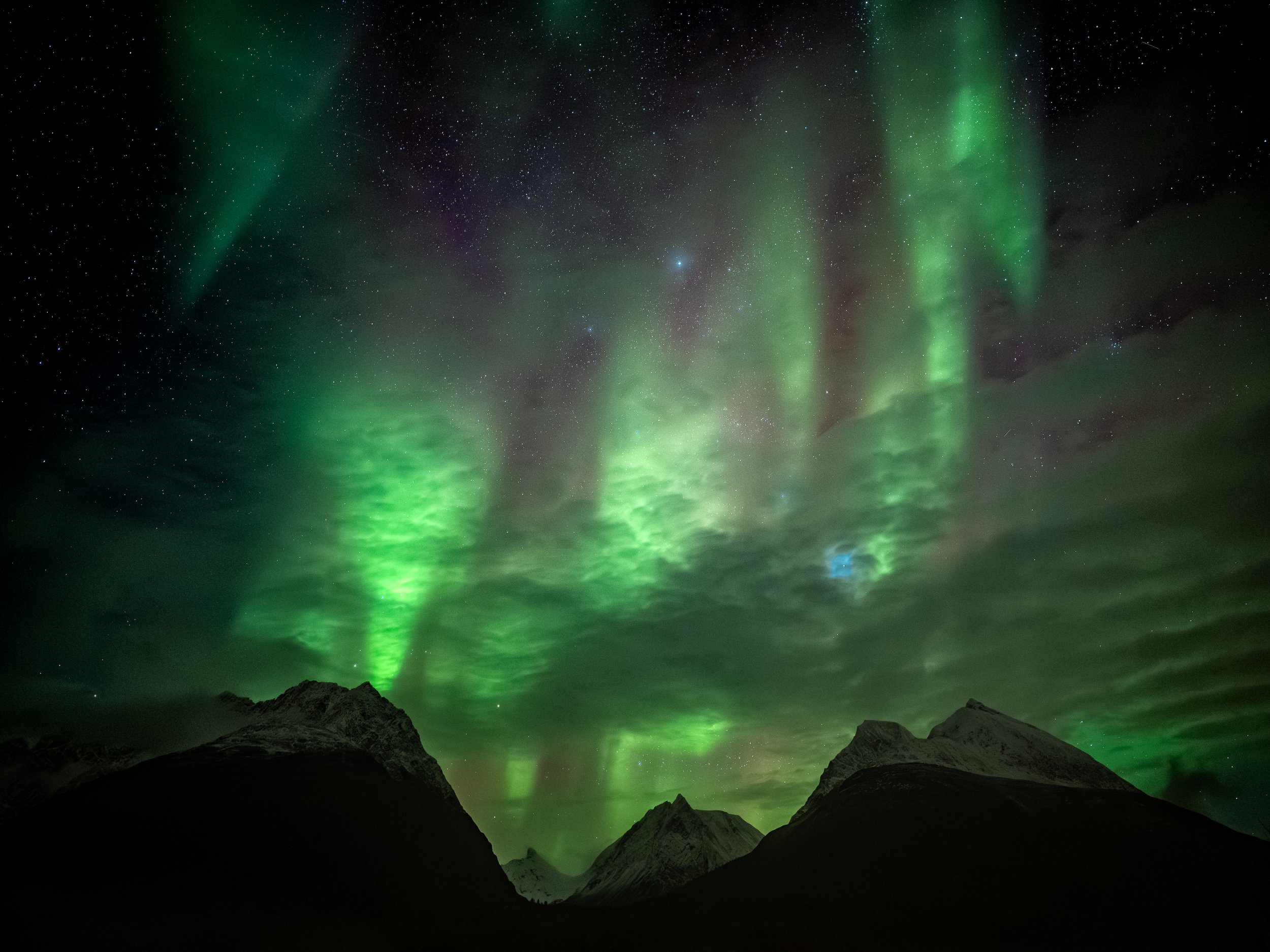 Aurora und Wolken in den Lyngen Alpen
