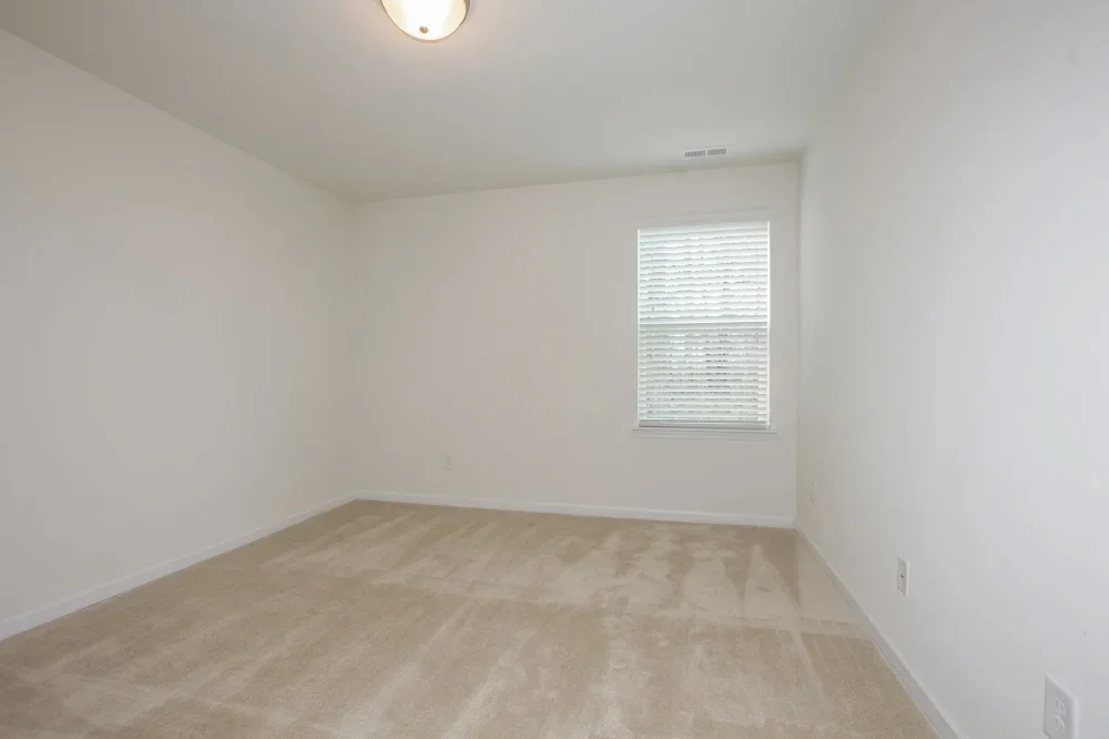 Empty room with white walls, beige carpet, a single window with blinds, and ceiling light fixture.