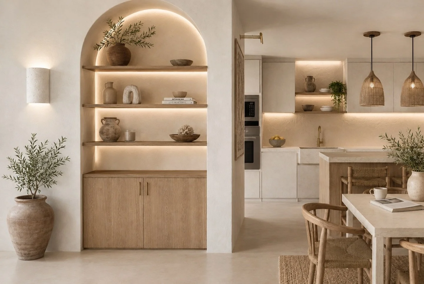 We use light warm materials to bring that coastal feel! 
White oak, warm matt whites, natural stone and raffia!
Of course lighting makes a huge difference!

#miamiinteriors #coastalinteriors