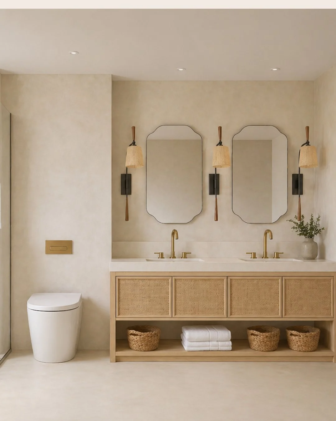 Bathroom refurbishment with a natural twist. Neutral doesn&rsquo;t mean boring.⁠
The shower features Moroccan zellige tiles from @ottotiles arranged in a bold cross-shaped pattern. A minimalist backdrop &mdash; but with texture and detail that add de